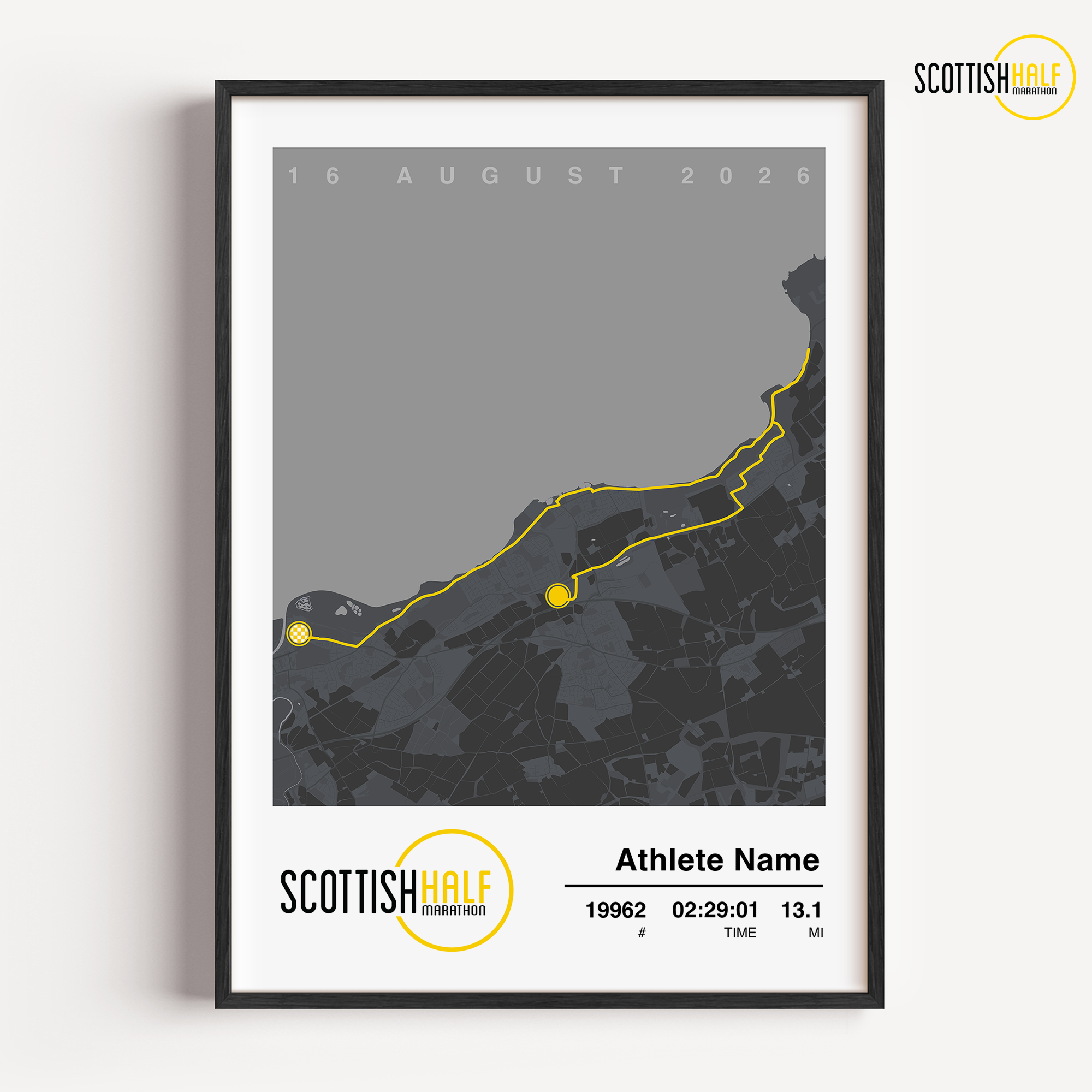 Custom Scottish Half Marathon race print in a modern grey design featuring the official East Lothian route map, runner name, bib number, and finish time.
