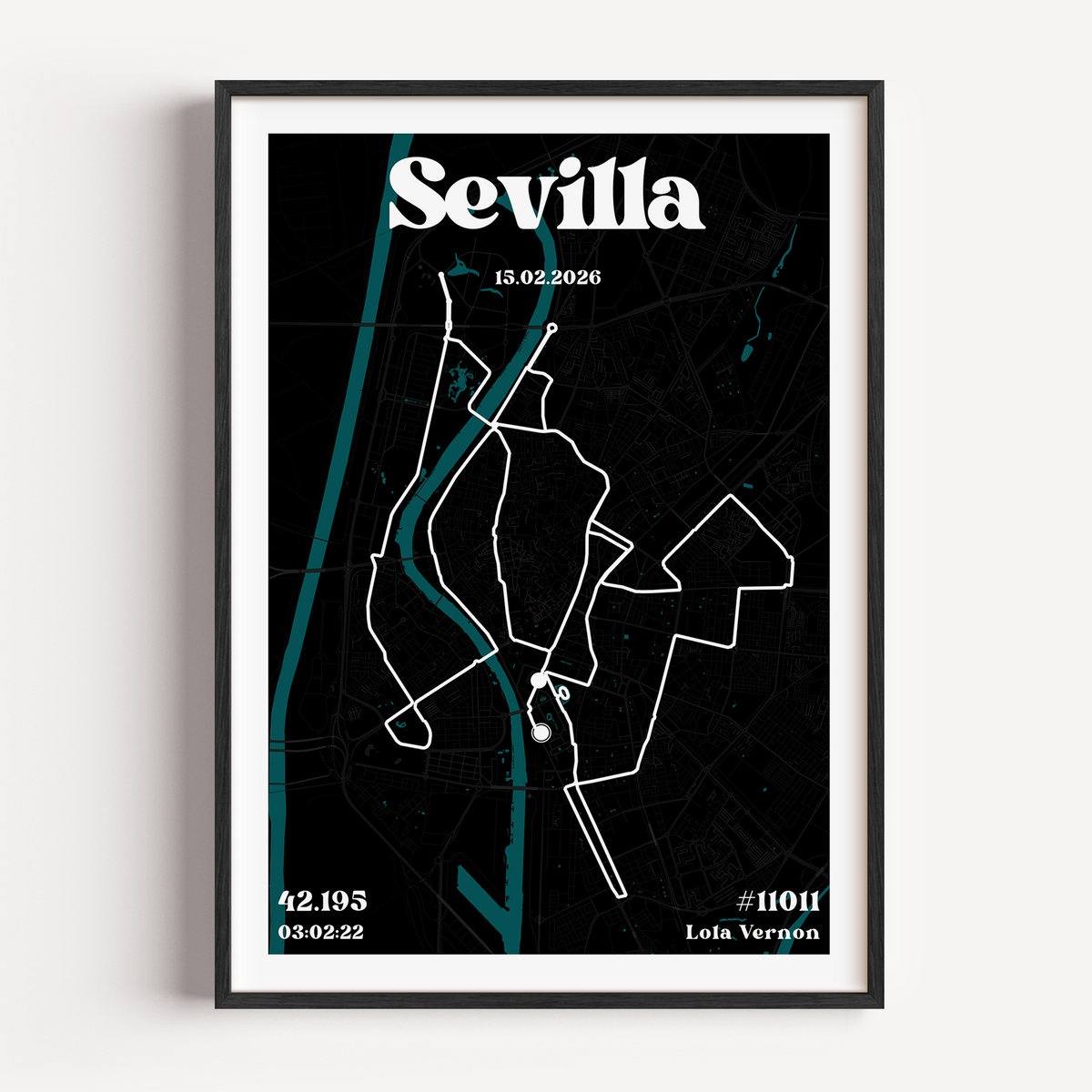 A personalised Sevilla Marathon route map poster. The design features the city name in a bold serif typeface at the top, while the lower section includes the runner's name, race date, and official finishing statistics.