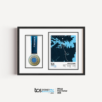 Official Sydney Marathon 2026 personalised medal display frame with space to display your race medal, featuring a custom print with the course map, event branding, bib number, finish time and runner name.