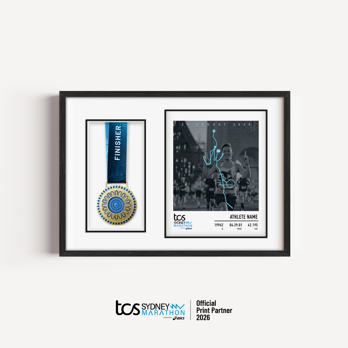 Official Sydney Marathon 2026 personalised medal display frame featuring your uploaded race photo, space for your medal, course map, event details, bib number, finish time and runner name.