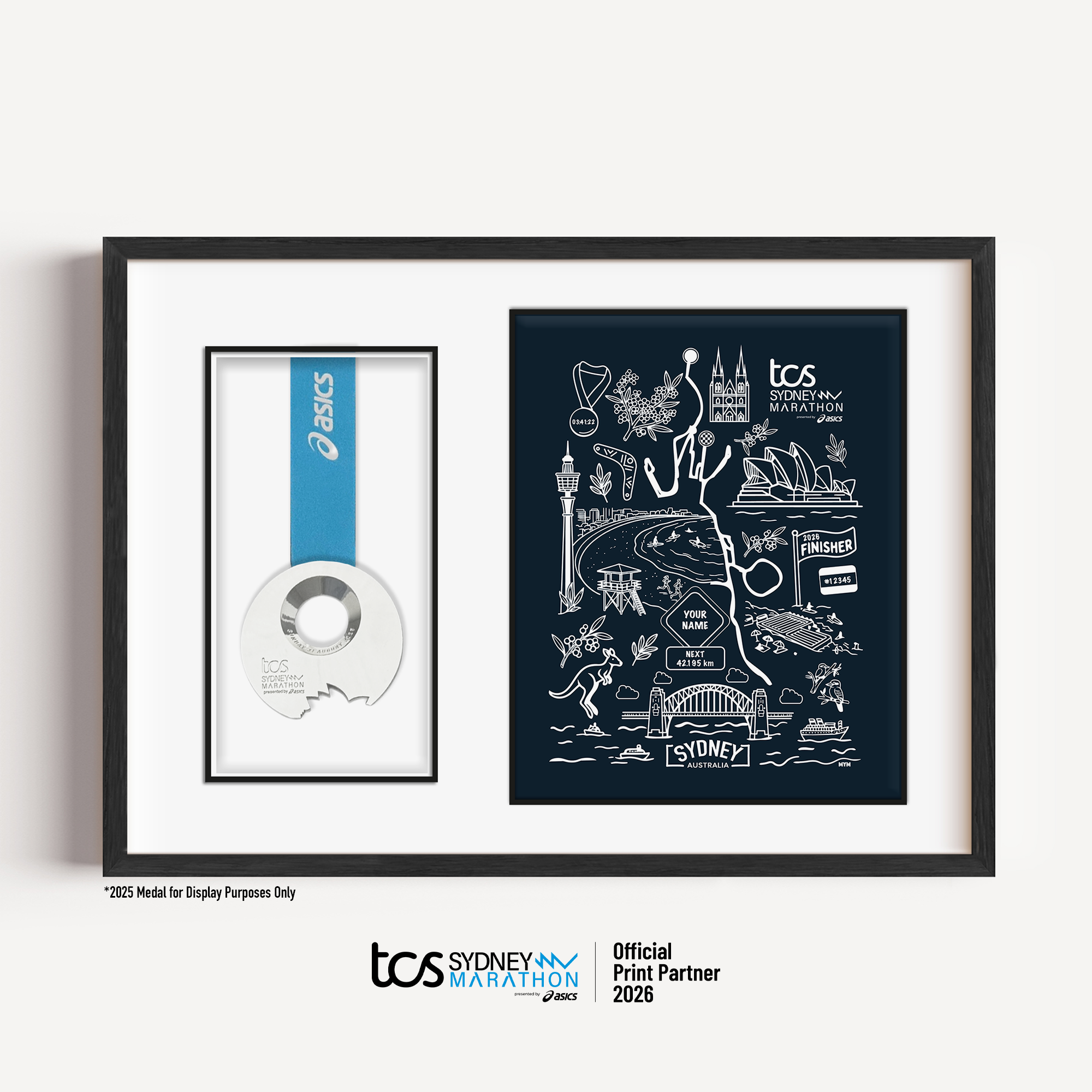 Official Sydney Marathon 2026 Sydney Icons navy medal display frame with space for your race medal, featuring iconic Sydney landmarks, the course map, personalised bib number, finish time and runner name.