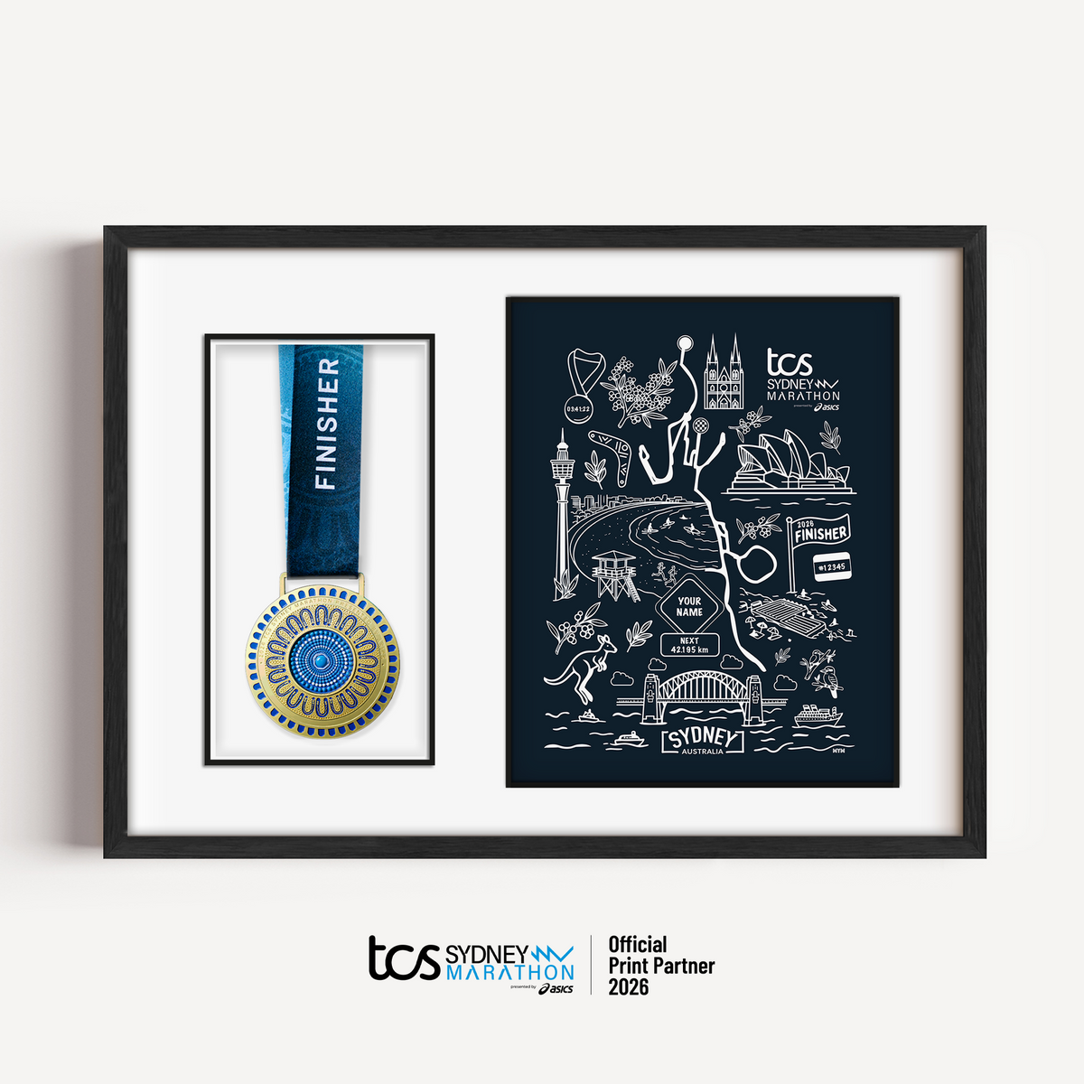 Official Sydney Marathon 2026 Sydney Icons navy medal display frame with space for your race medal, featuring iconic Sydney landmarks, the course map, personalised bib number, finish time and runner name.