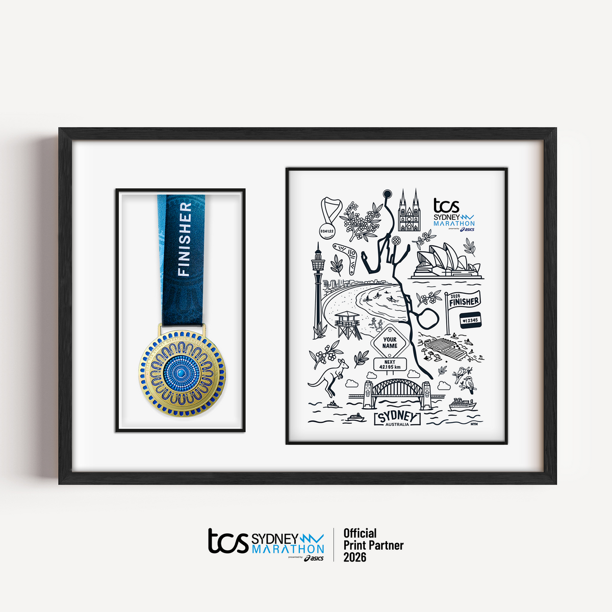 Official Sydney Marathon 2026 Sydney Icons white medal display frame with space for your race medal, featuring iconic Sydney landmarks, the course map, personalised bib number, finish time and runner name.