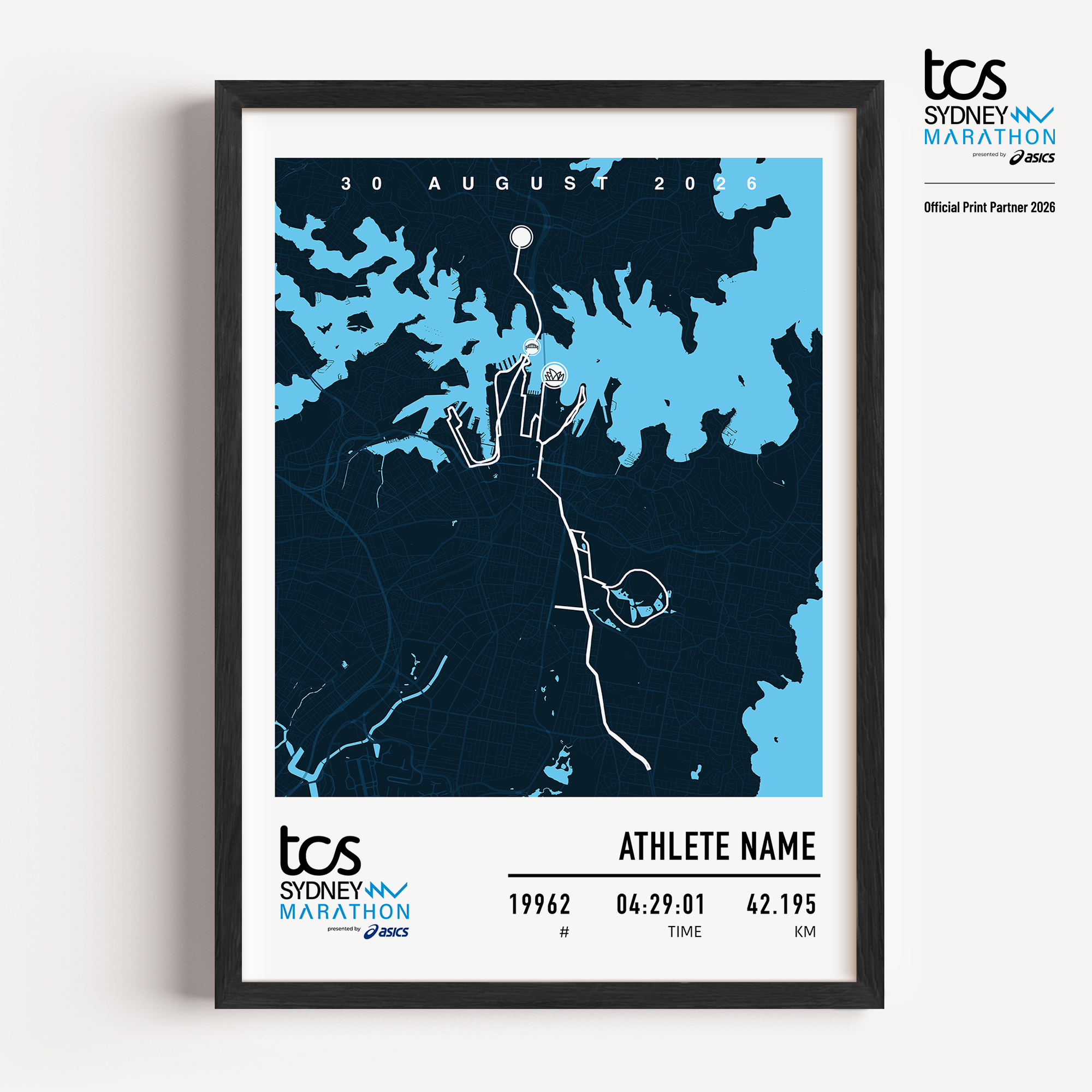 Official Sydney Marathon 2026 custom blue commemorative print featuring the race course map, event branding, personalised bib number, finish time and runner name.