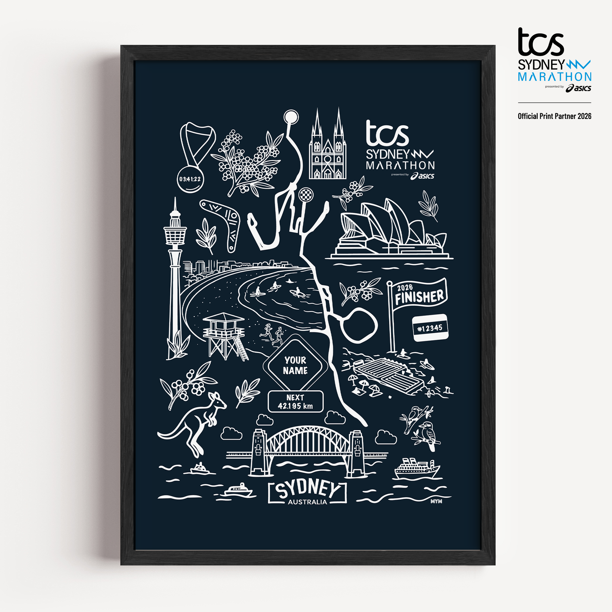 Official Sydney Marathon 2026 Sydney Icons custom print in navy, featuring iconic Sydney landmarks, the race course map, personalised bib number, finish time and runner name.