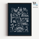 Official Sydney Marathon 2026 Sydney Icons custom print in navy, featuring iconic Sydney landmarks, the race course map, personalised bib number, finish time and runner name.