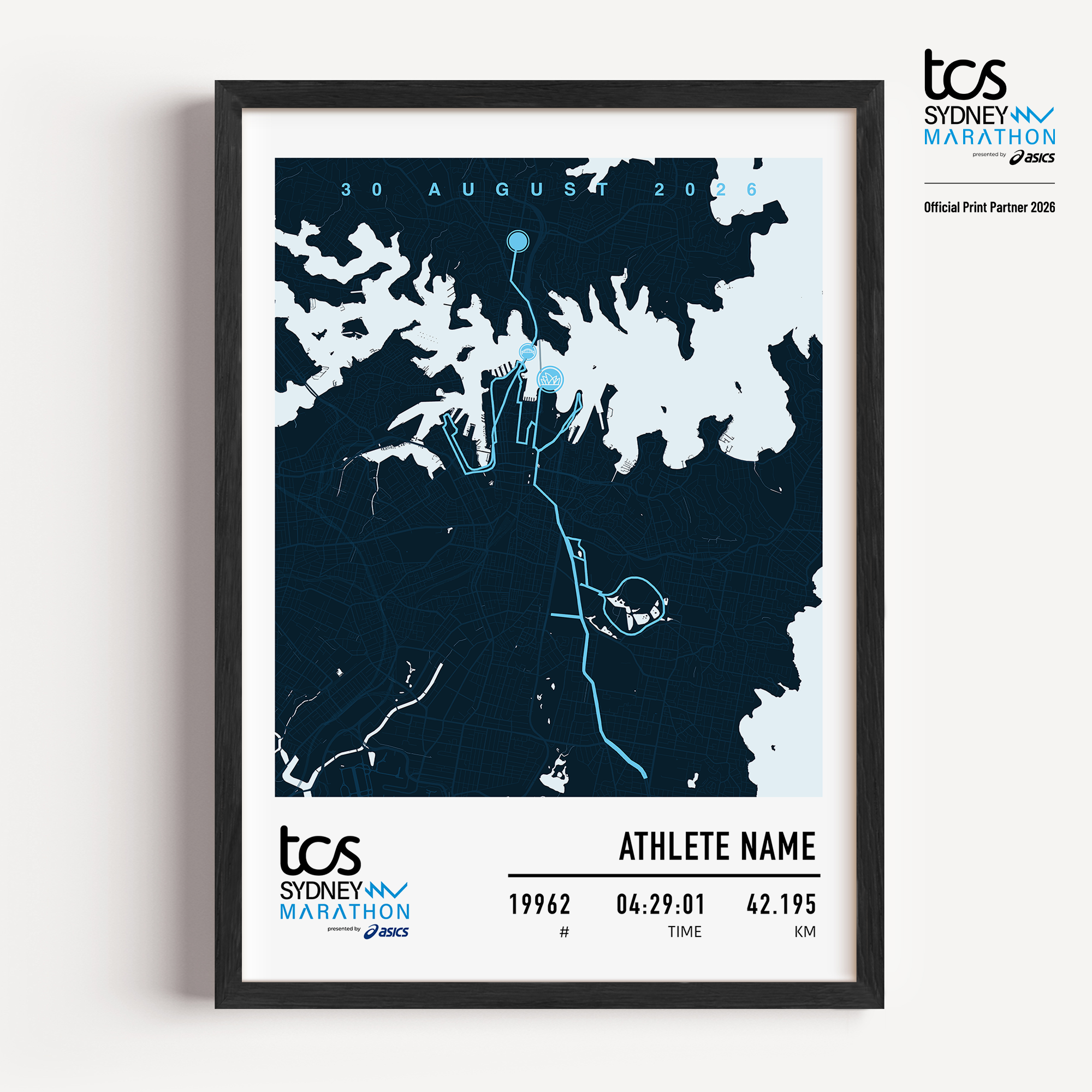 Official Sydney Marathon 2026 custom light commemorative print featuring the race course map, event branding, personalised bib number, finish time and runner name.
