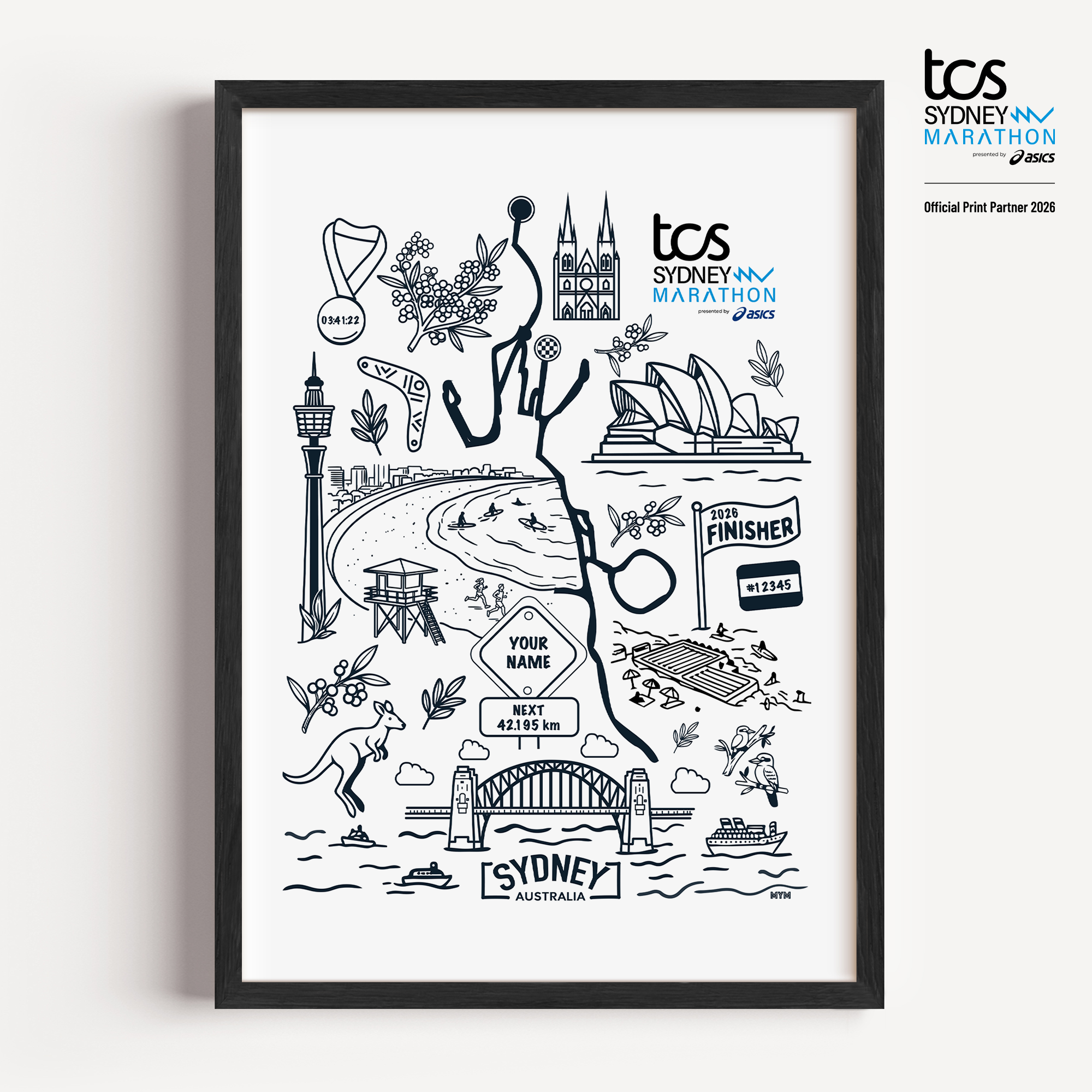 Official Sydney Marathon 2026 Sydney Icons custom print in white, featuring iconic Sydney landmarks, the race course map, personalised bib number, finish time and runner name.