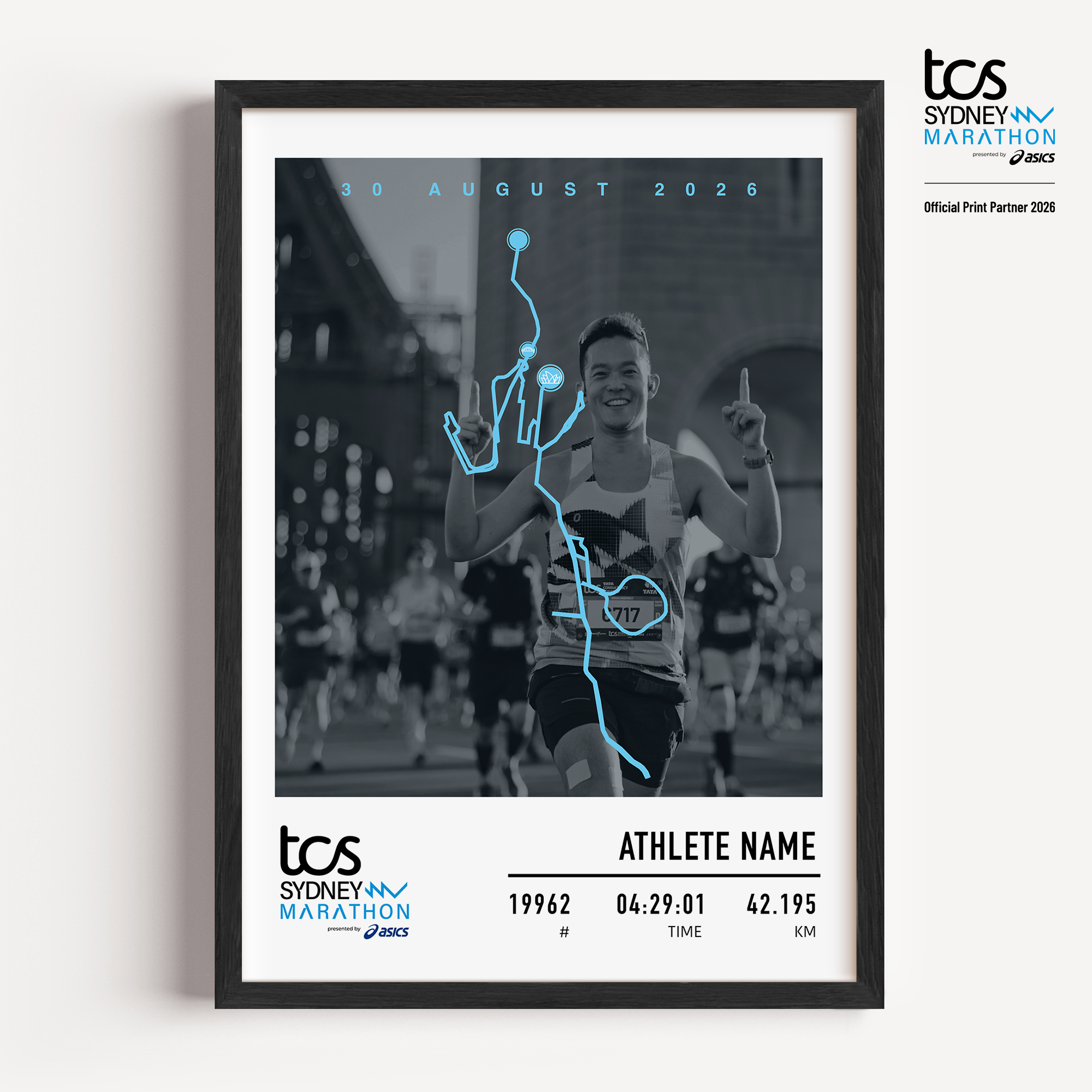 Official Sydney Marathon 2026 personalised print featuring your uploaded race photo, course map, event details, bib number, finish time and runner name.