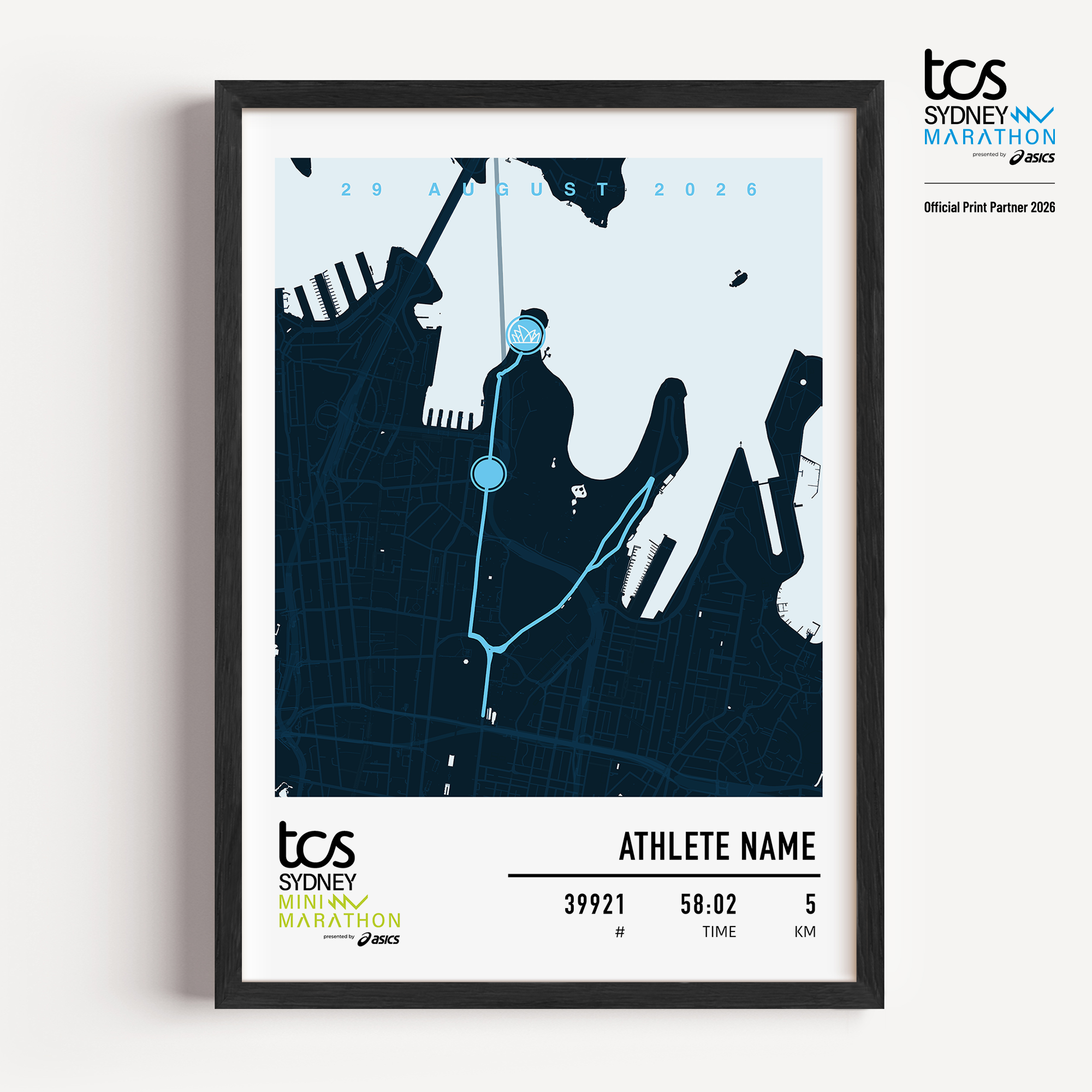 Official Sydney Mini Marathon 2026 custom dark commemorative print featuring the race course map, event branding, personalised bib number, finish time and participant name.
