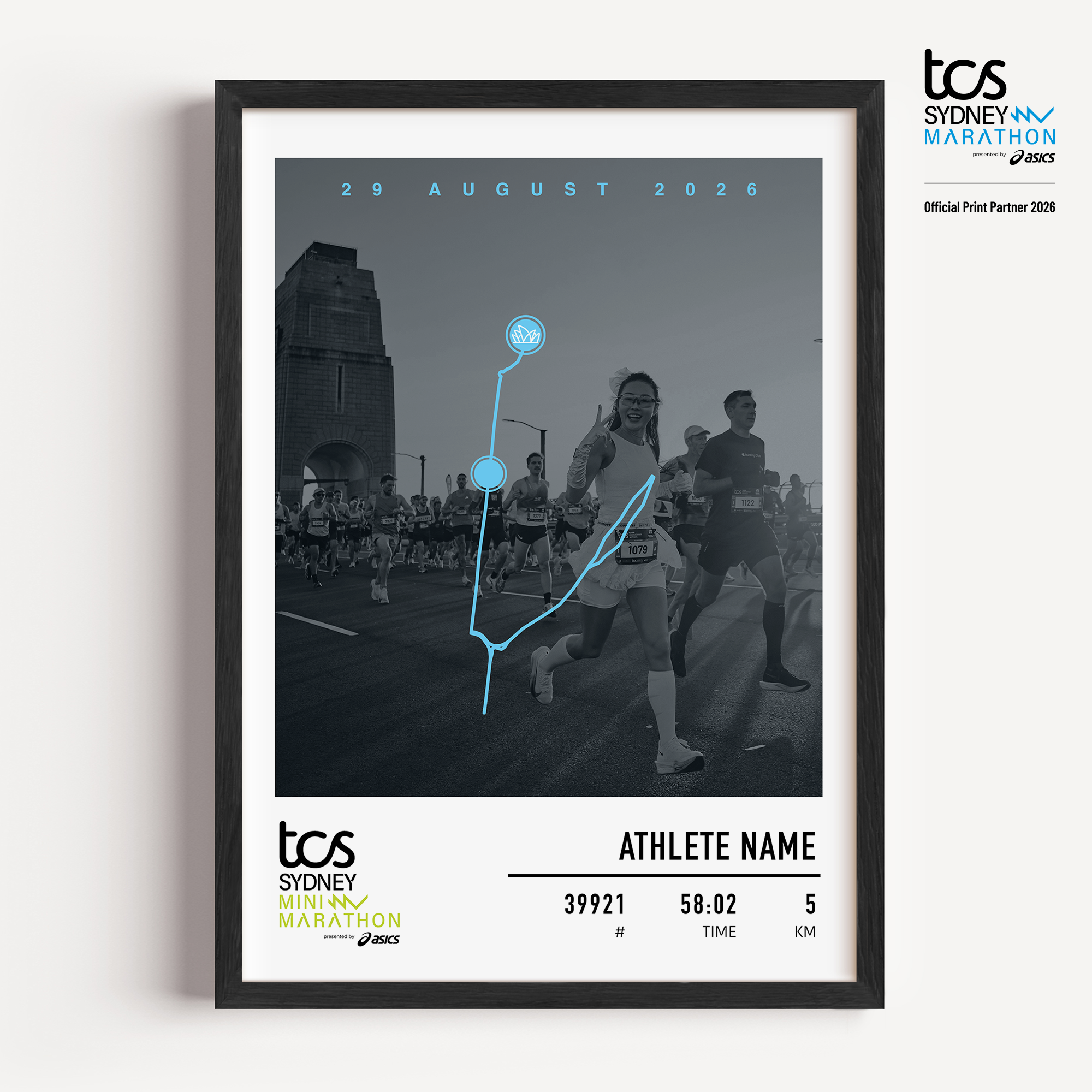 Official Sydney Mini Marathon 2026 personalised print featuring your uploaded race photo, course map, event details, bib number, finish time and participant name.