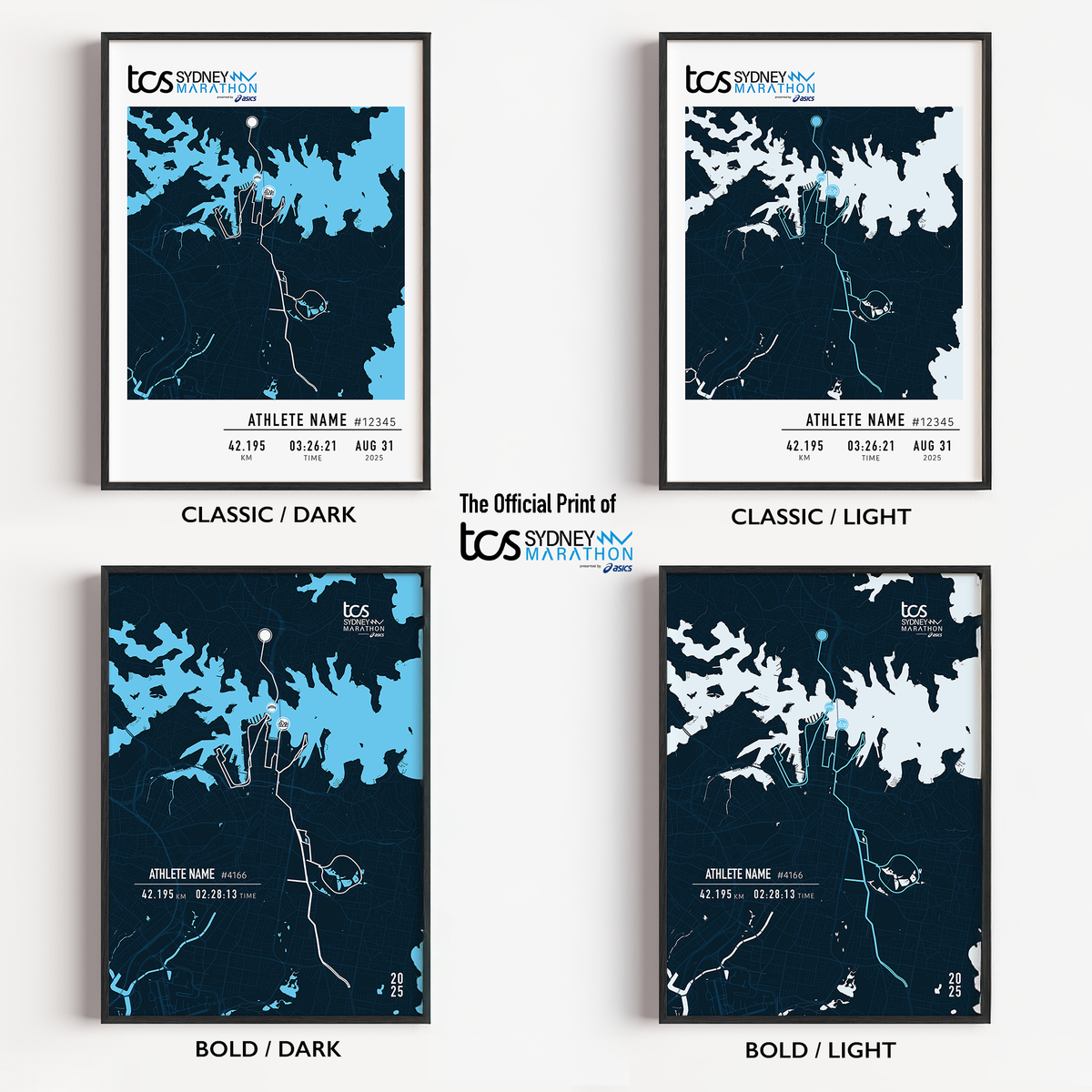 Four framed designs of the Official 2025 TCS Sydney Marathon Print, each showing the race route over a stylised Sydney map. Variants include Classic Dark, Classic Light, Bold Dark, and Bold Light, using official event colours and featuring the Sydney Harbour.