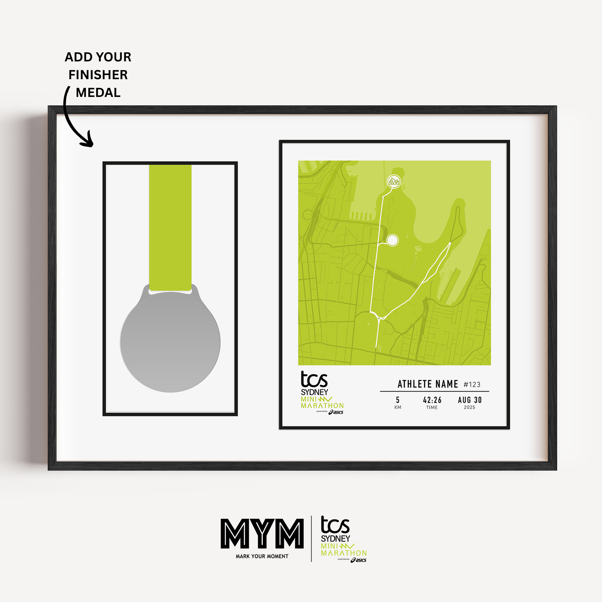 Framed Sydney Mini Marathon display featuring the official mini marathon medal mounted alongside a custom-printed route map of the course through Sydney. The print includes the runner's name, finish time, bib number, race date, and personalized statistics. Clean, modern black frame with white matting enhances the commemorative design.