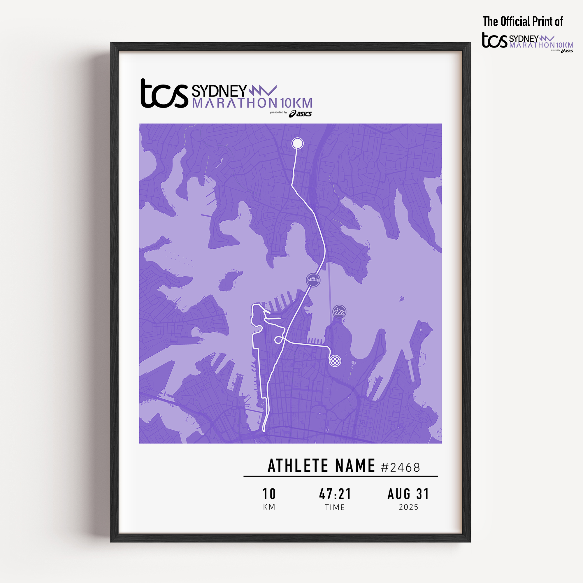 Framed custom print of the 2025 TCS Sydney Marathon 10km, featuring a purple race map with a 10km route. Personalised with the athlete's name, bib number, finish time, and date. Part of the official MYM (Mark Your Moment) collection.