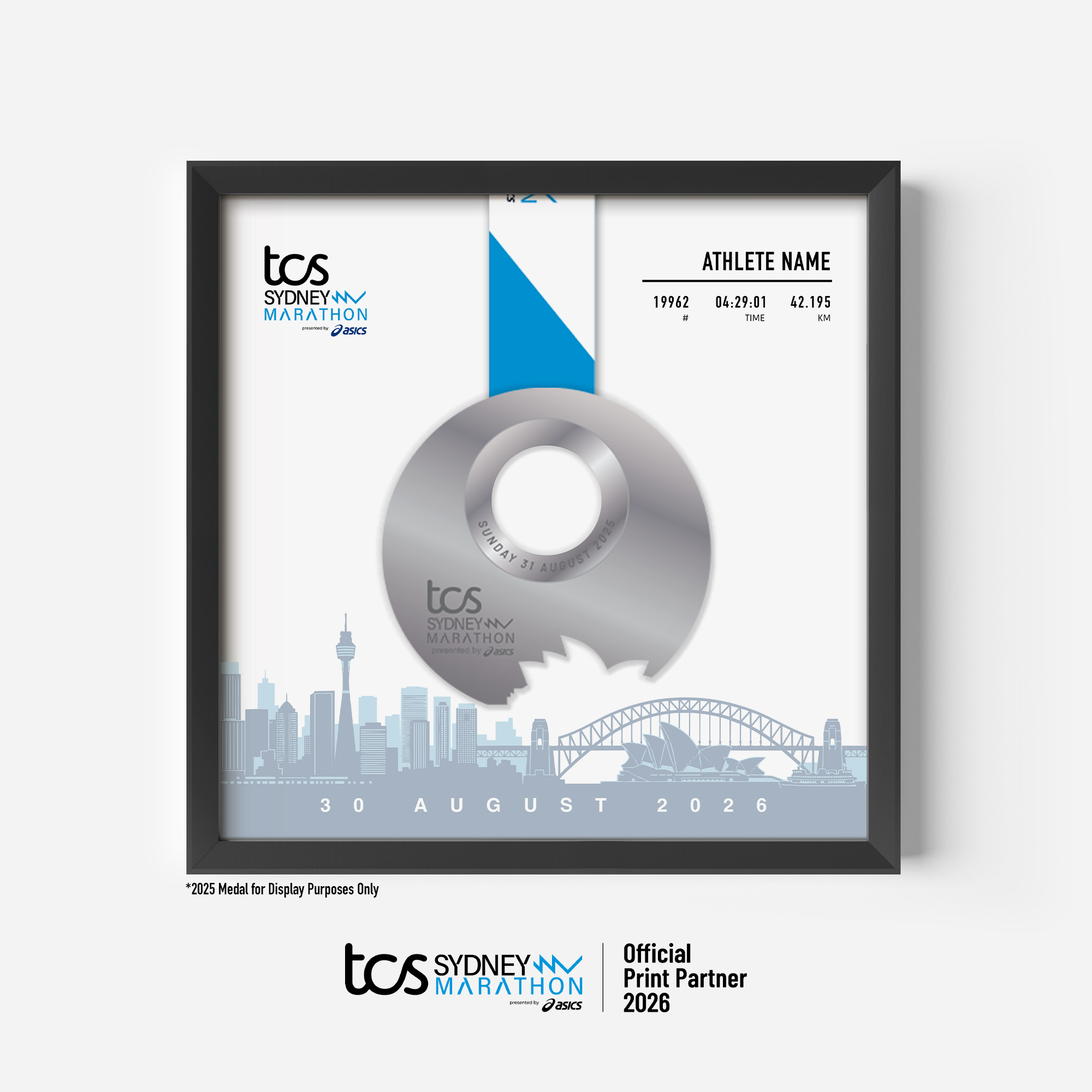 Official 2026 TCS Sydney Marathon medal collector frame featuring a finisher’s medal display alongside a race day photo and the official marathon course map, personalised with runner’s name, race number, and finish time.