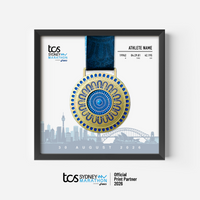 Official 2026 TCS Sydney Marathon medal collector frame featuring a finisher’s medal display alongside a race day photo and the official marathon course map, personalised with runner’s name, race number, and finish time.