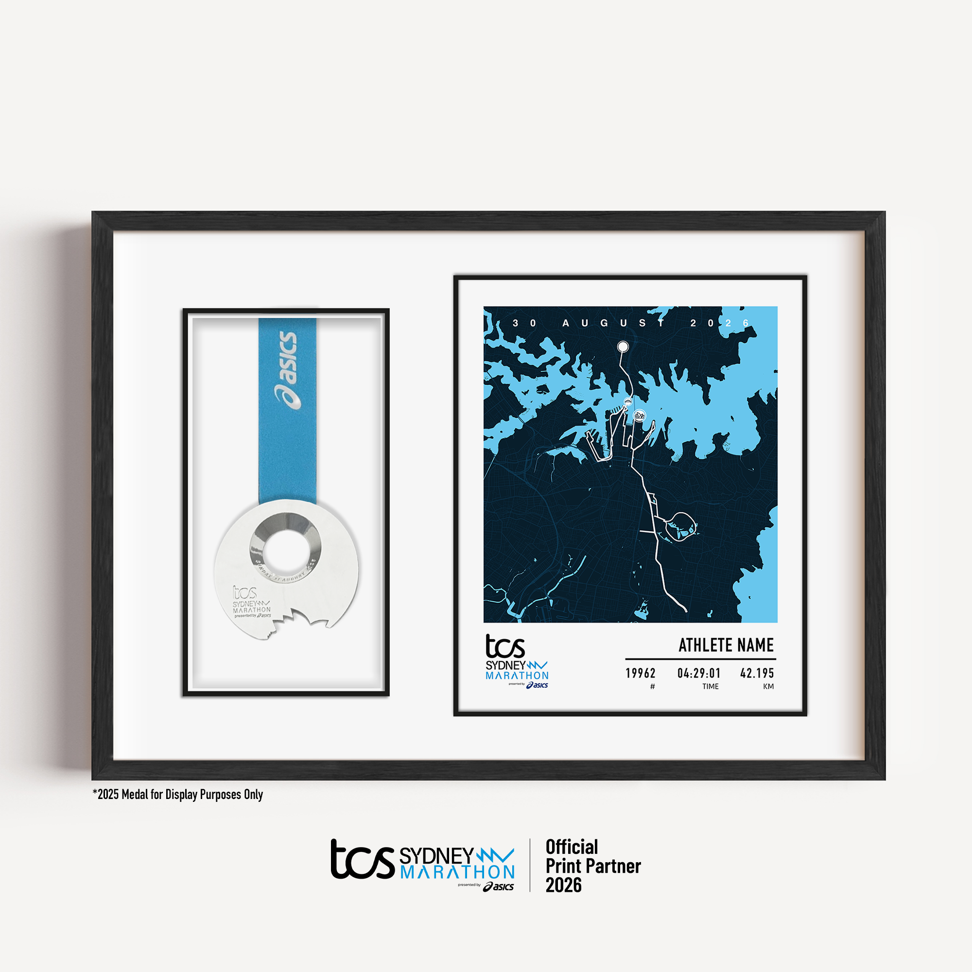Official Sydney Marathon 2026 personalised medal display frame with space to display your race medal, featuring a custom print with the course map, event branding, bib number, finish time and runner name.
