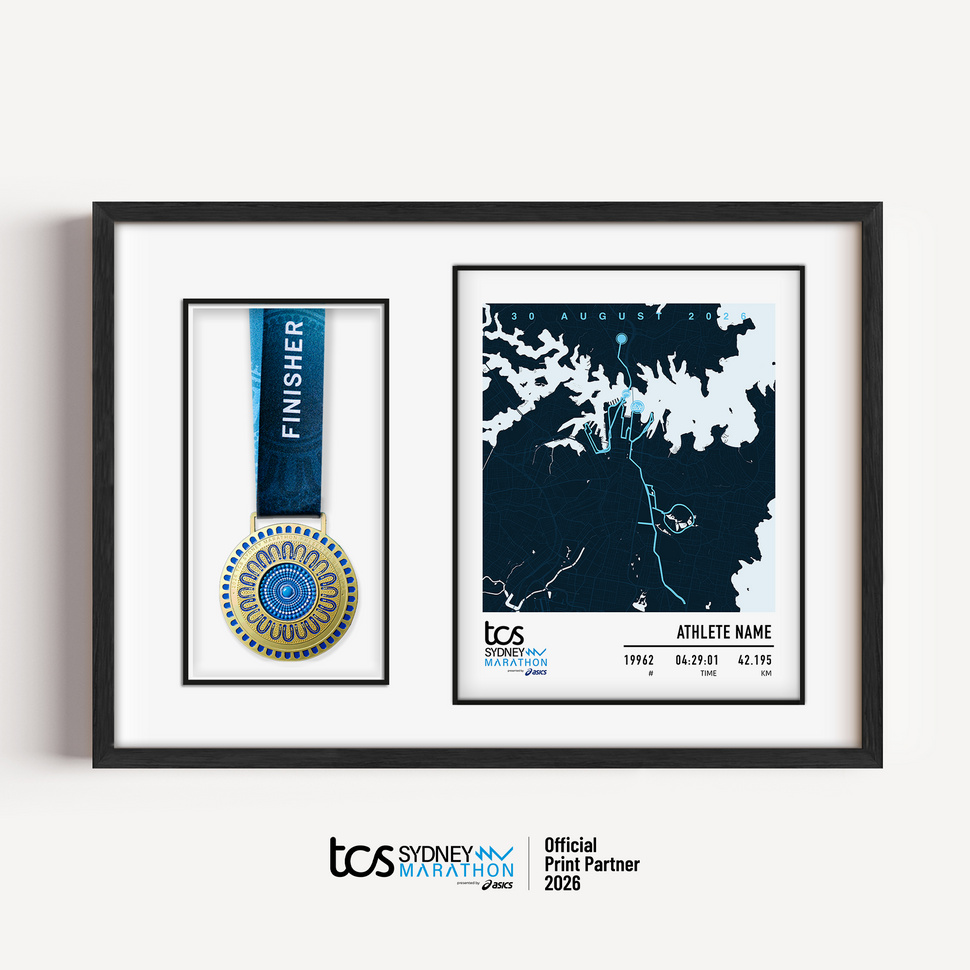 Official Sydney Marathon 2026 personalised medal display frame with space to display your race medal, featuring a custom light print design with the course map, event branding, bib number, finish time and runner name.