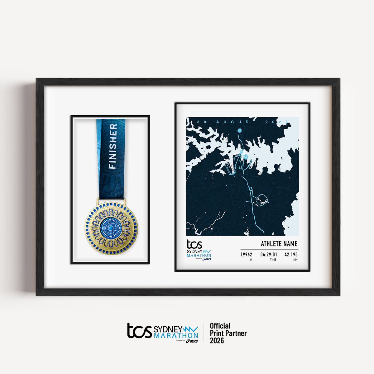 Official Sydney Marathon 2026 personalised medal display frame with space to display your race medal, featuring a custom light print design with the course map, event branding, bib number, finish time and runner name.