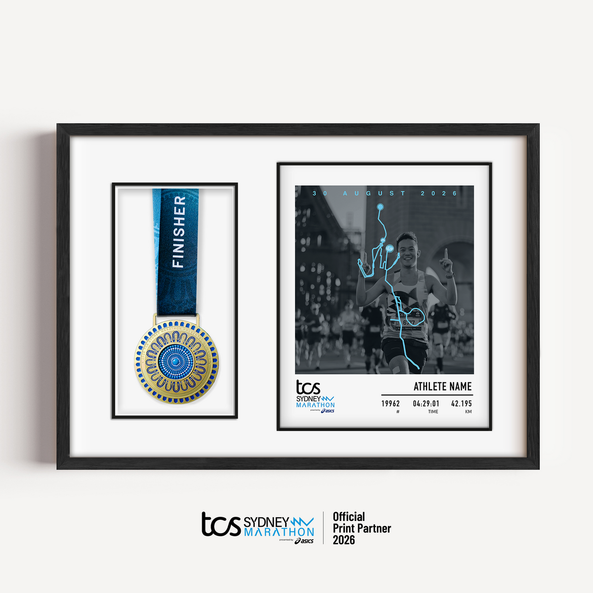 Official Sydney Marathon 2026 personalised medal display frame featuring your uploaded race photo, space for your medal, course map, event details, bib number, finish time and runner name.