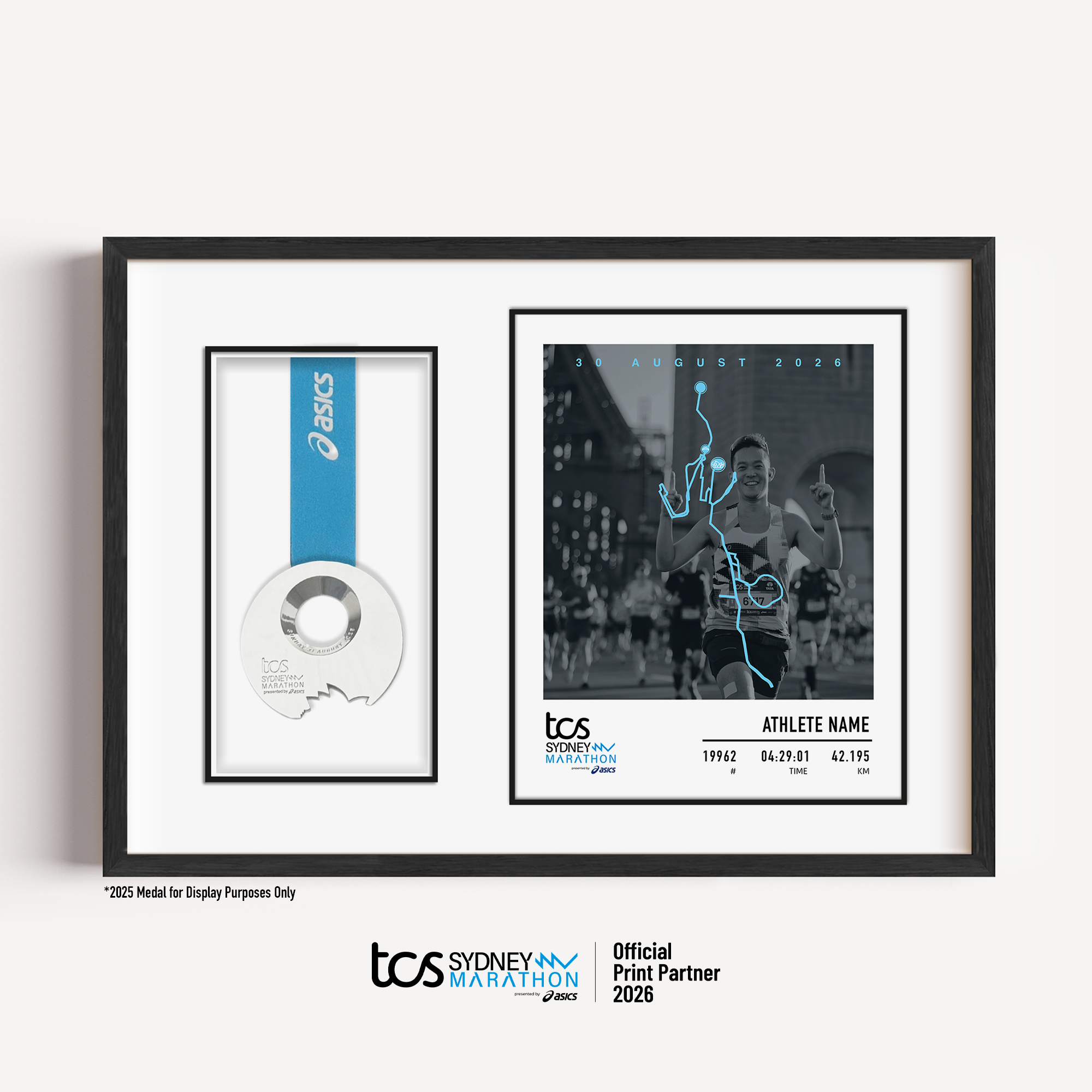 Official Sydney Marathon 2026 personalised medal display frame featuring your uploaded race photo, space for your medal, course map, event details, bib number, finish time and runner name.