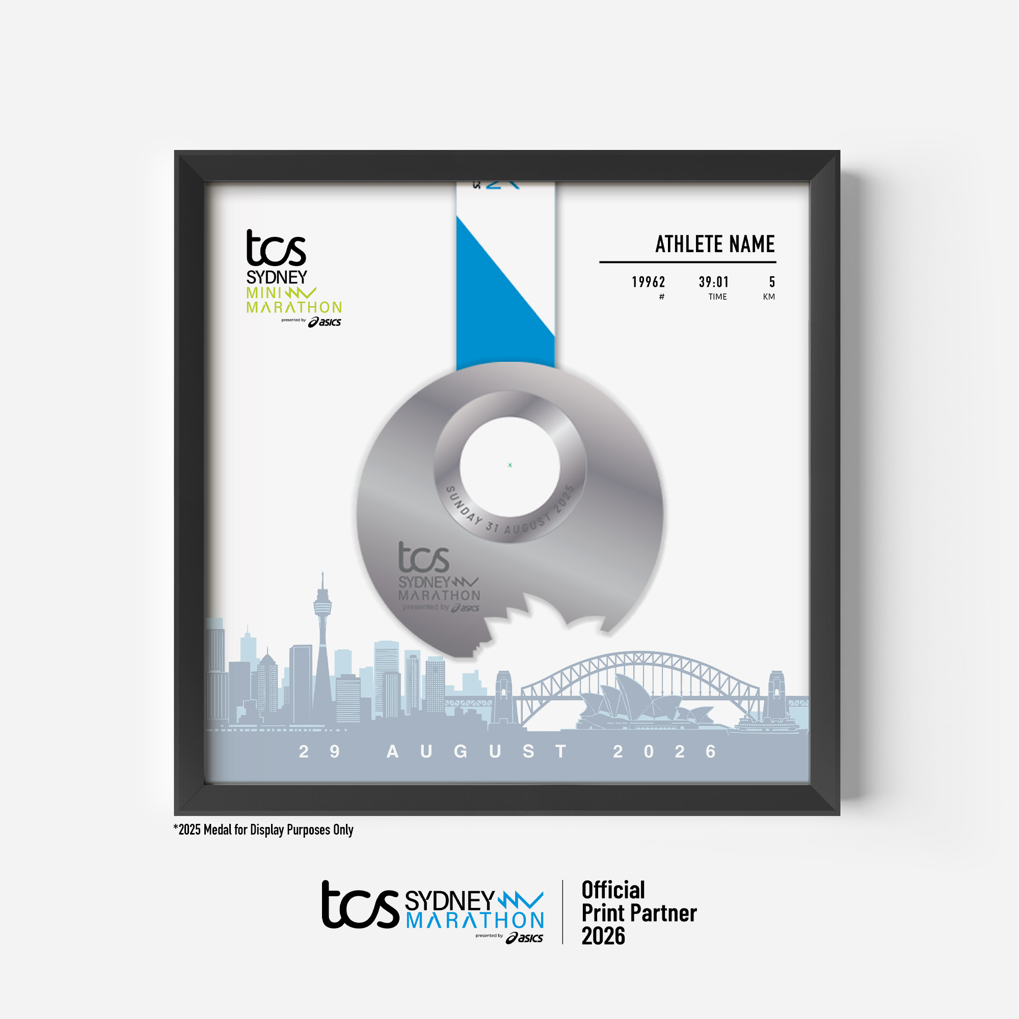 Official 2026 TCS Sydney Mini Marathon medal collector frame designed to display a finisher’s medal with a race day photo and course map, personalised with runner’s name, race number, and finish time.