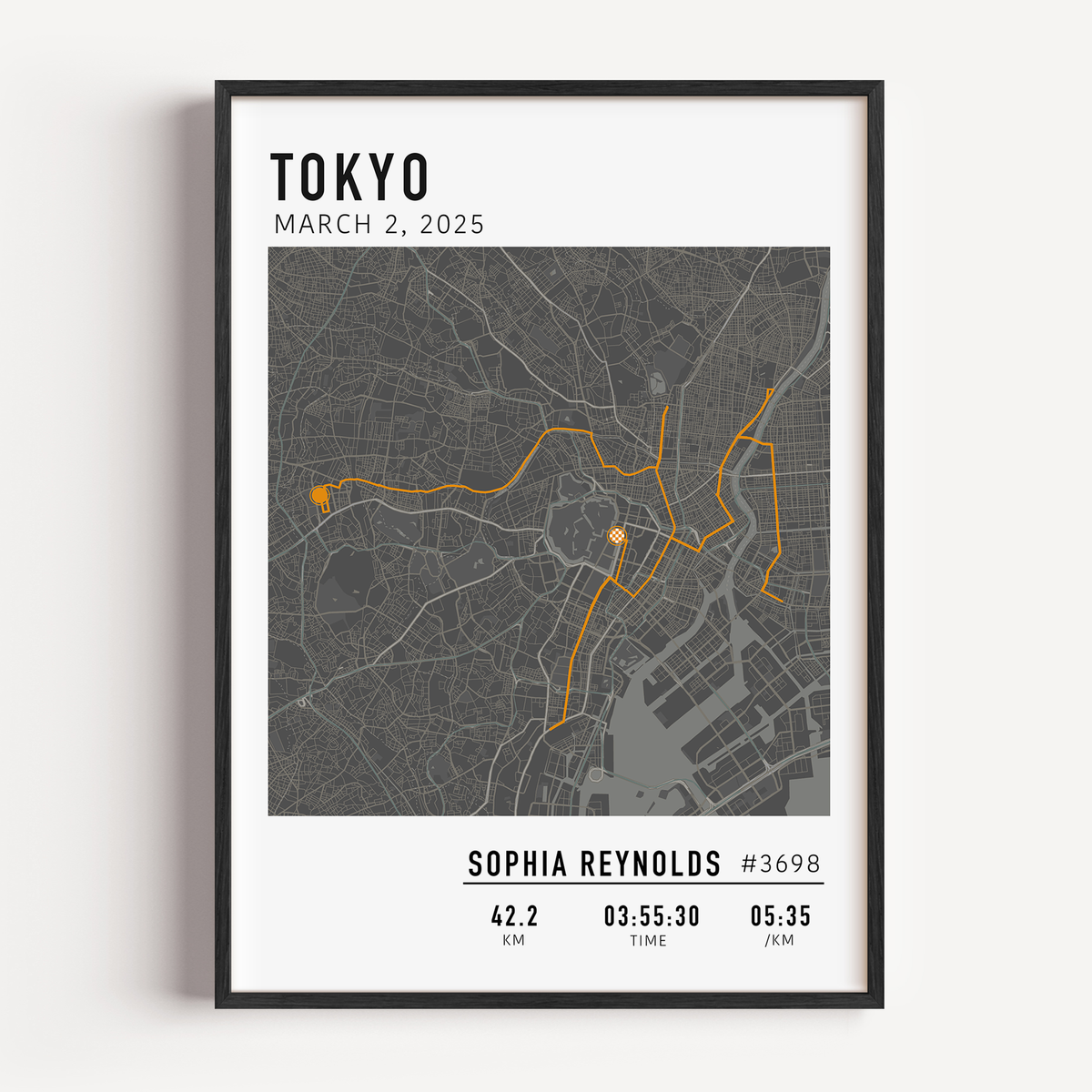 Tokyo Marathon 2025 route custom print with runner name and statistics runner gift