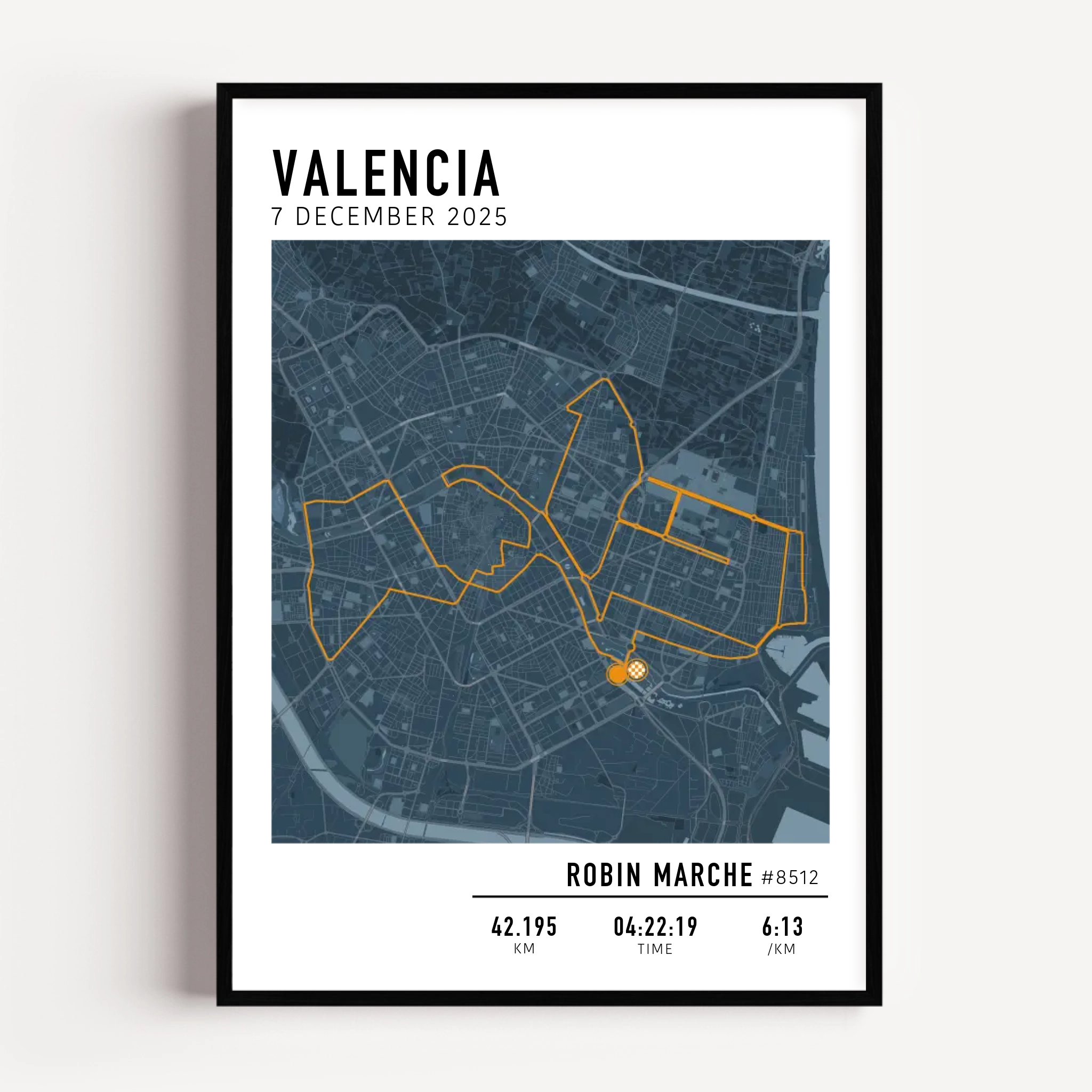 Valencia Marathon Print Gift for Runners Post Race Gift, framed Marató Valencia route print with custom statistics and time. Showcase the marathon map poster