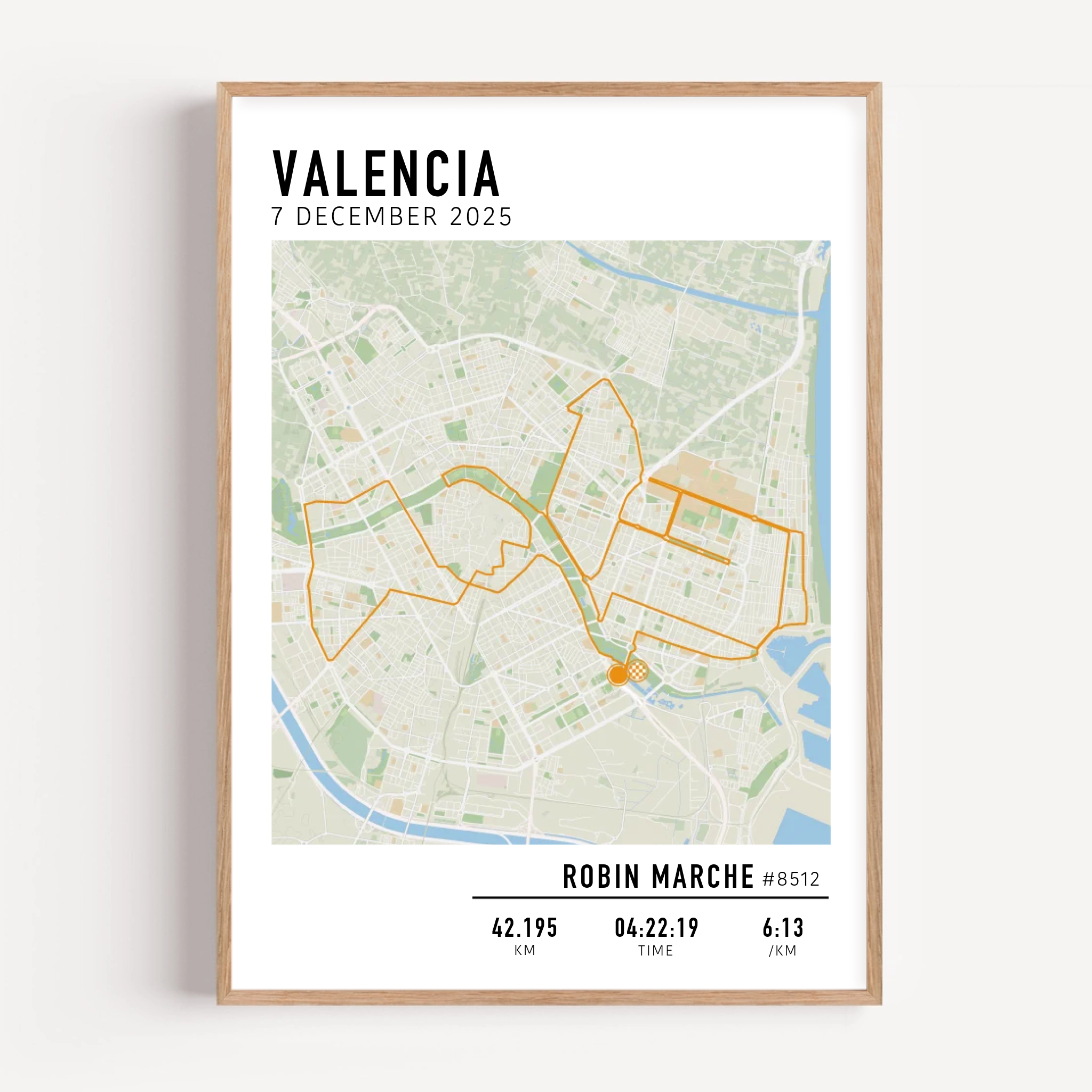 Valencia Marathon Print Gift for Runners Post Race Gift, framed Marató Valencia route print with custom statistics and time. Showcase the marathon map poster