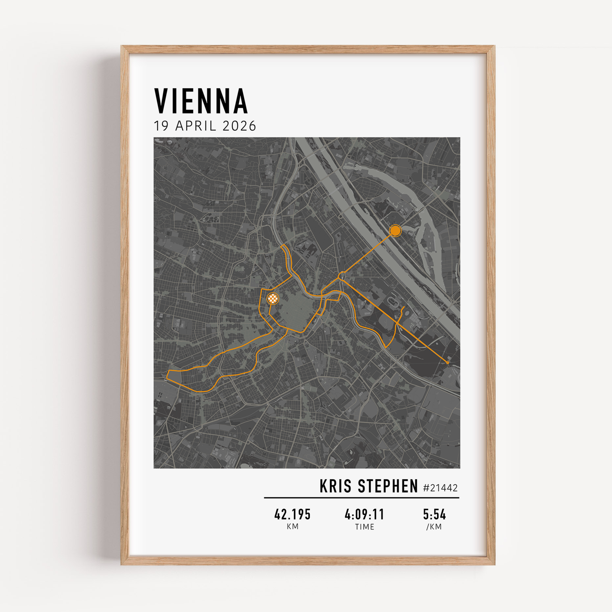 Personalised Vienna marathon route poster with clean dark map style, showcasing 42.195 km course, finish time and average pace.