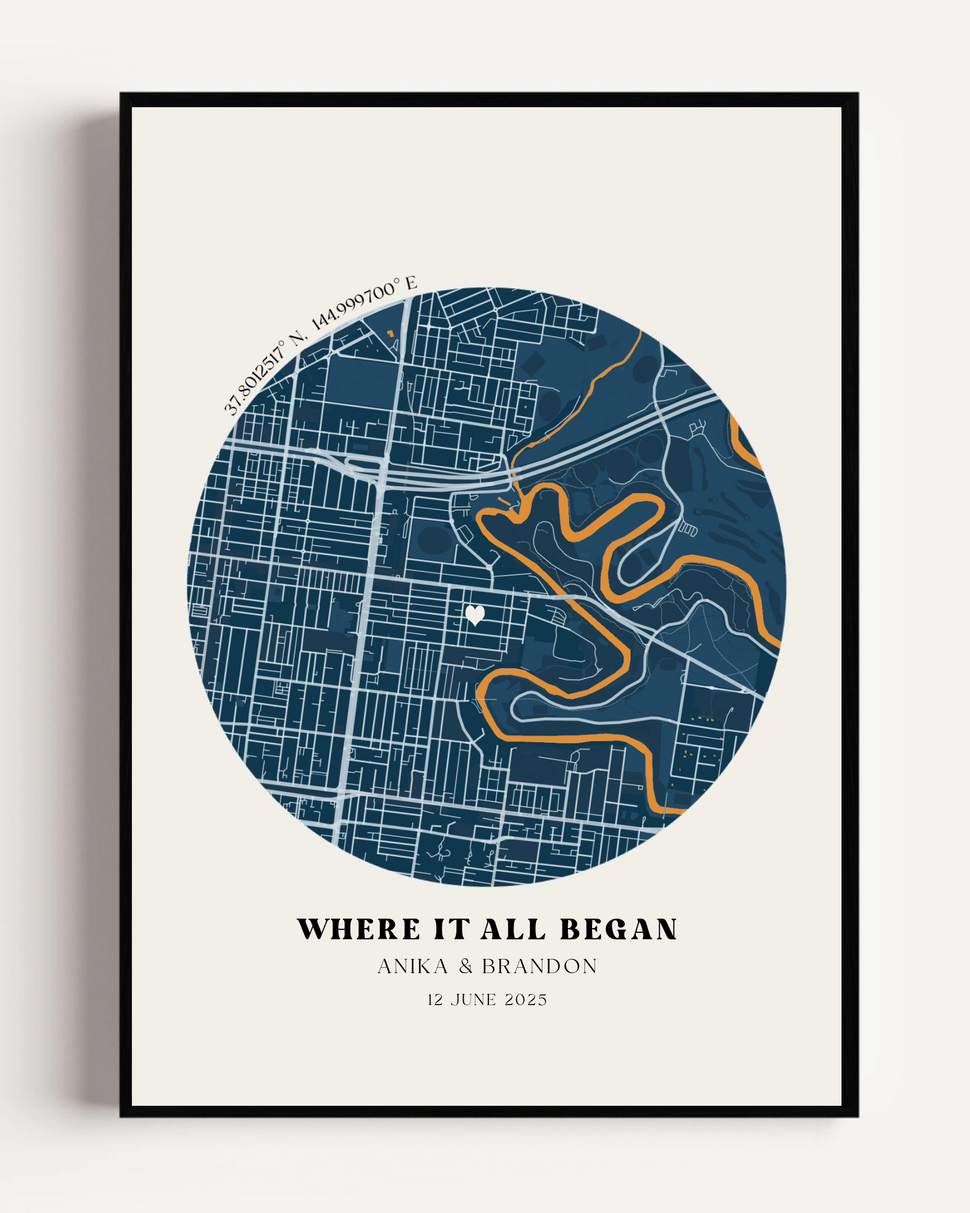 Minimalist Where We Met map print featuring wording like Where It All Began or First Date