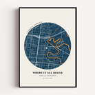 Minimalist Where We Met map print featuring wording like Where It All Began or First Date
