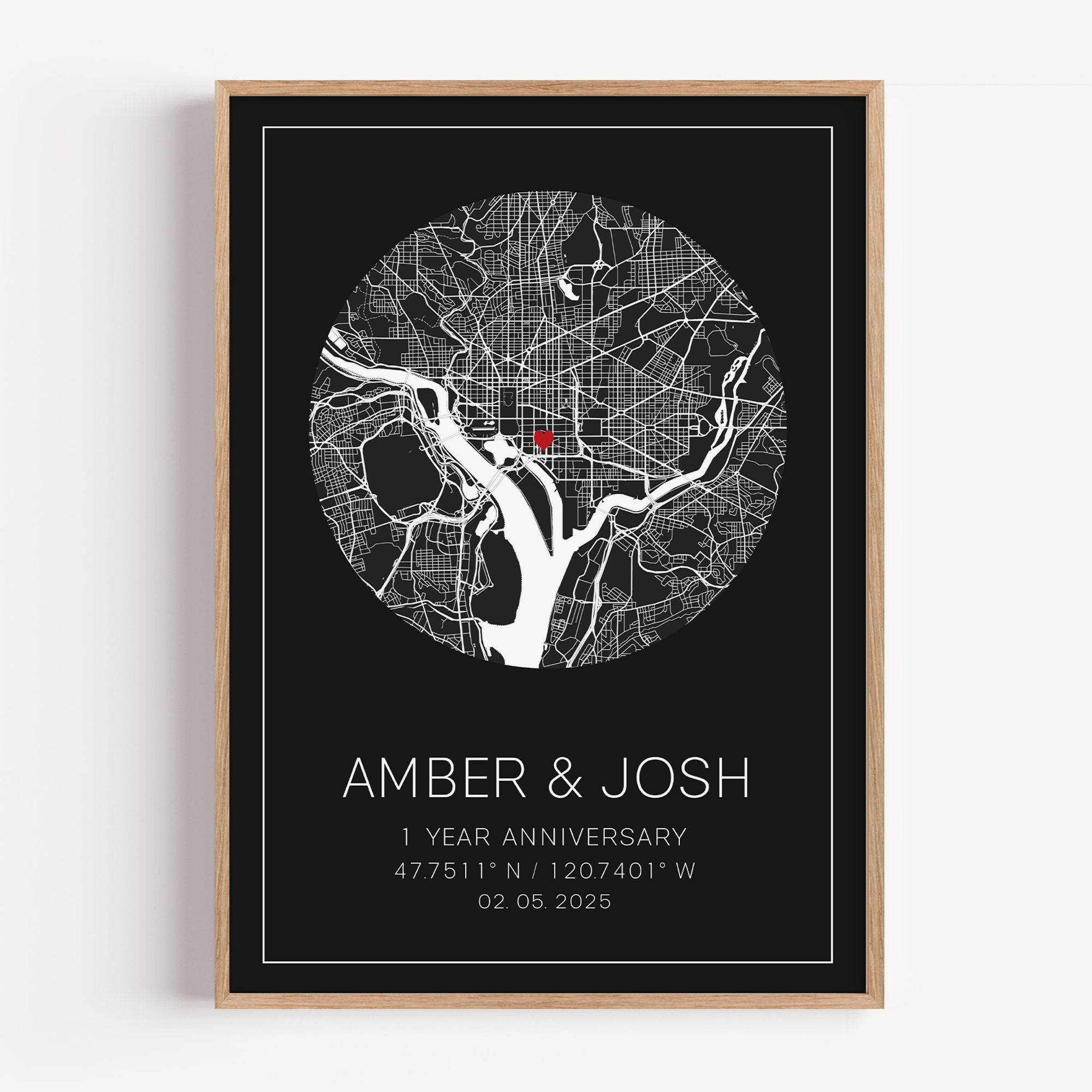 A framed print of a custom 1 year anniversary gift. This custom map print shows the circle anniversary map. The design is unique to your date, location and is purchased as a personalized gift.