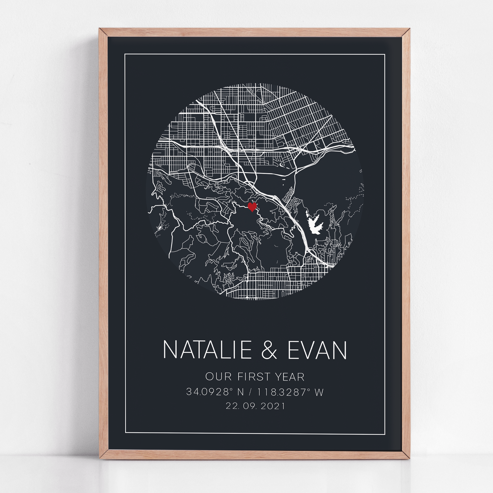 A framed print of a custom 1 year anniversary gift. This custom map print shows the circle anniversary map. The design is unique to your date, location and is purchased as a personalized gift.