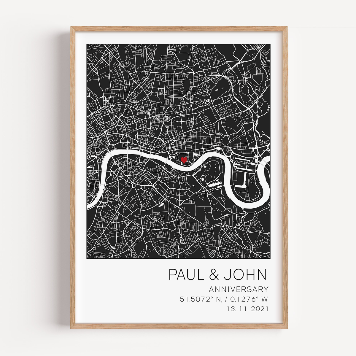 "Framed 5-year anniversary custom map print featuring the location where the couple met, married, or lived, with personalized names, date, and heartfelt message—celebrating five years of shared memories and journey together.