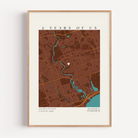 Personalized anniversary map print showing custom romantic location with names, date, and precise coordinates