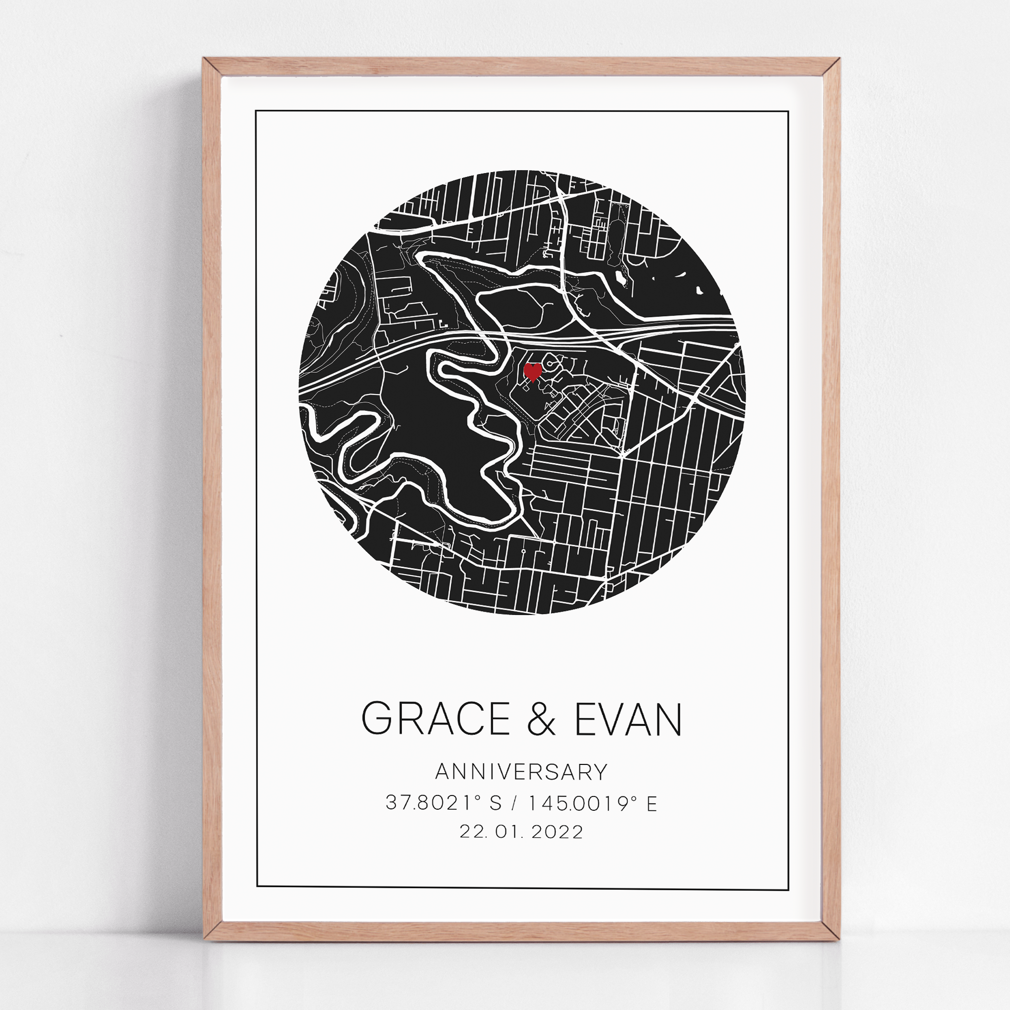 A framed print of a custom 1 year anniversary gift. This custom map print shows the circle anniversary map. The design is unique to your date, location and is purchased as a personalized gift.