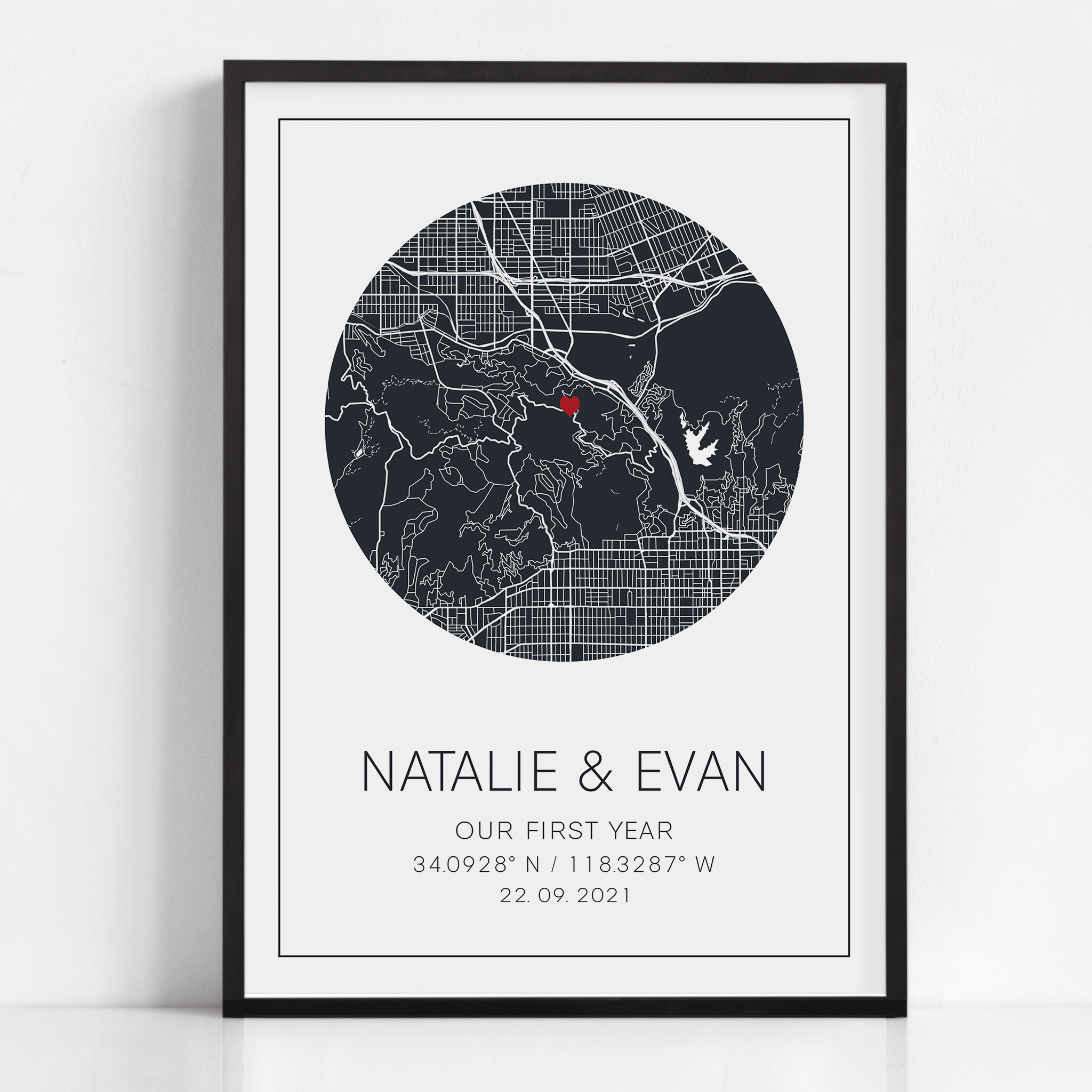 A framed print of a custom 1 year anniversary gift. This custom map print shows the circle anniversary map. The design is unique to your date, location and is purchased as a personalized gift.