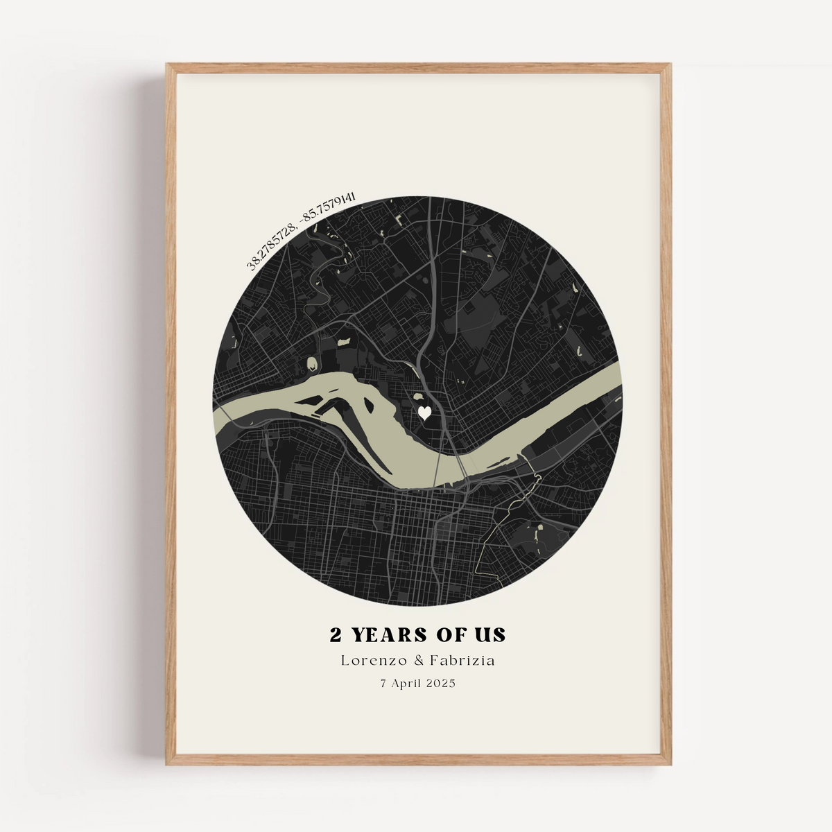 Close up of custom anniversary map print featuring latitude and longitude coordinates and personalised text
