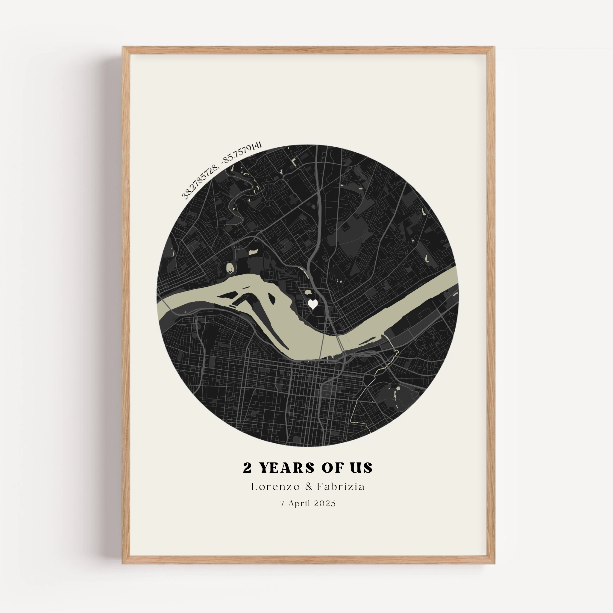 Close up of custom anniversary map print featuring latitude and longitude coordinates and personalised text