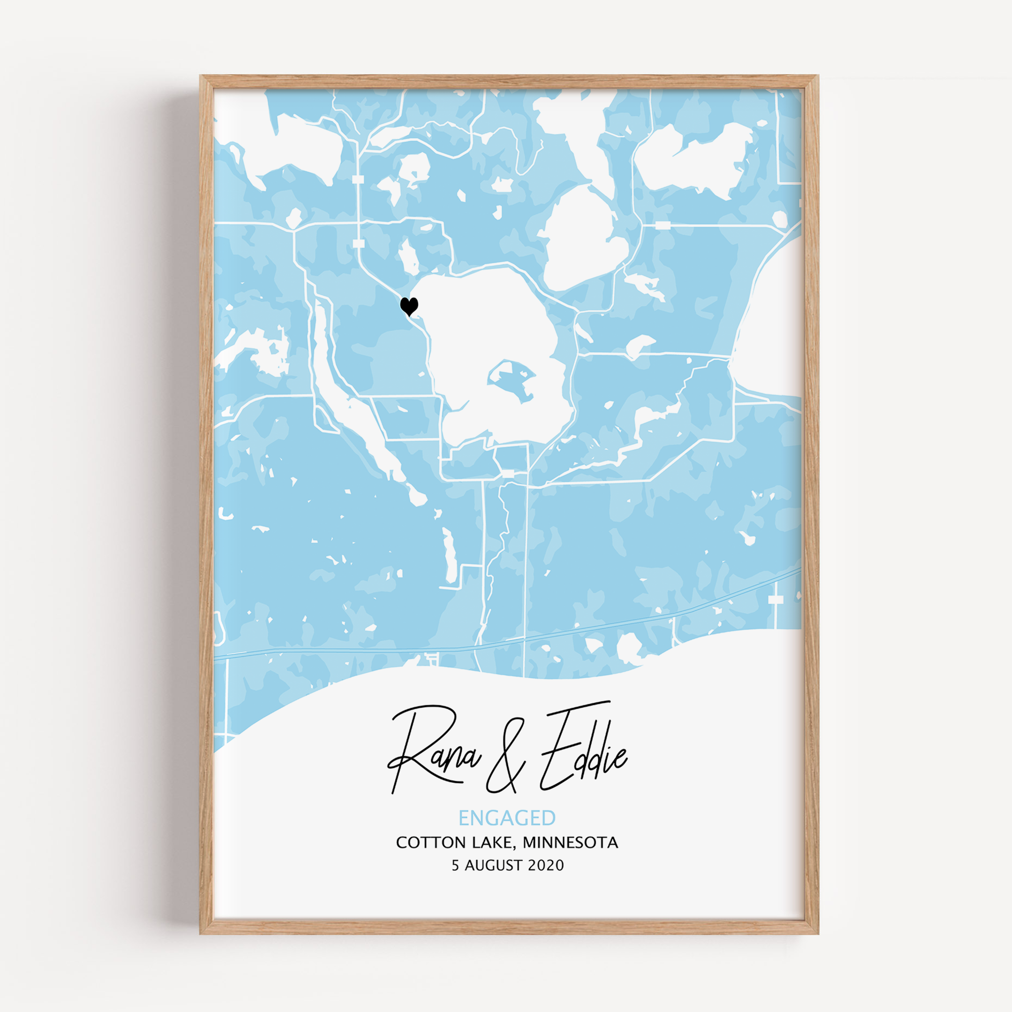 Personalized anniversary map print featuring a custom location with coordinates, names, and date—commemorating a special moment or place in a couple’s love story.