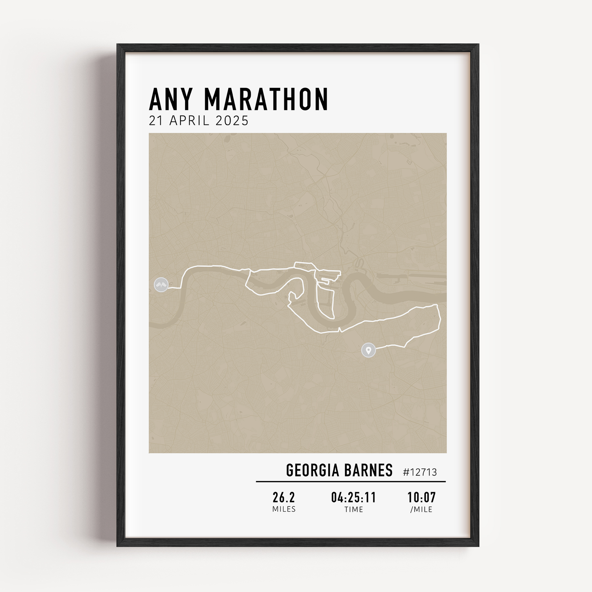 Framed custom art print of a marathon route, showing a minimalist line map of the running course with labeled start and finish points, event name, date, and distance.