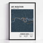 Custom marathon map poster displaying a personalized race route, created from GPX data. Perfect keepsake or marathon route gift for runners celebrating their achievements and special race moments.