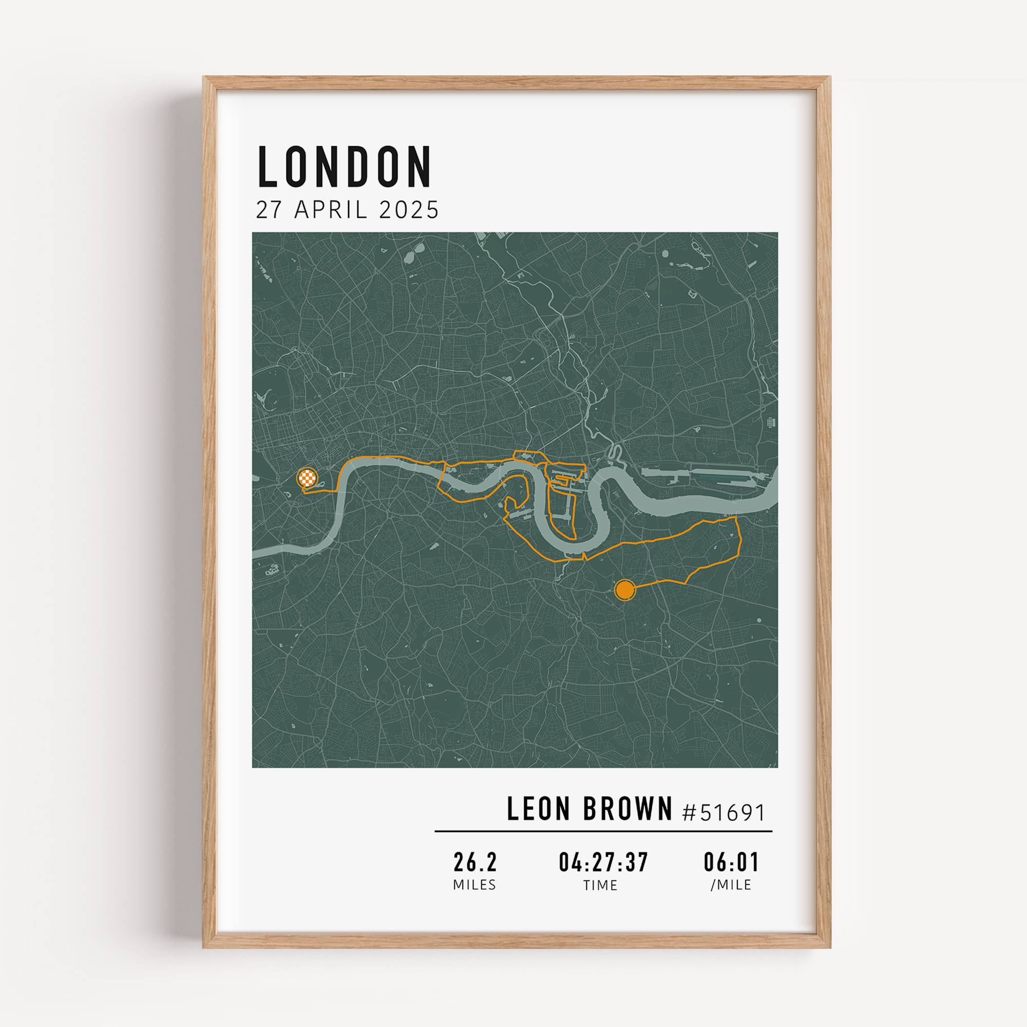 Custom marathon map poster displaying a personalized race route, created from GPX data. Perfect keepsake or marathon route gift for runners celebrating their achievements and special race moments.