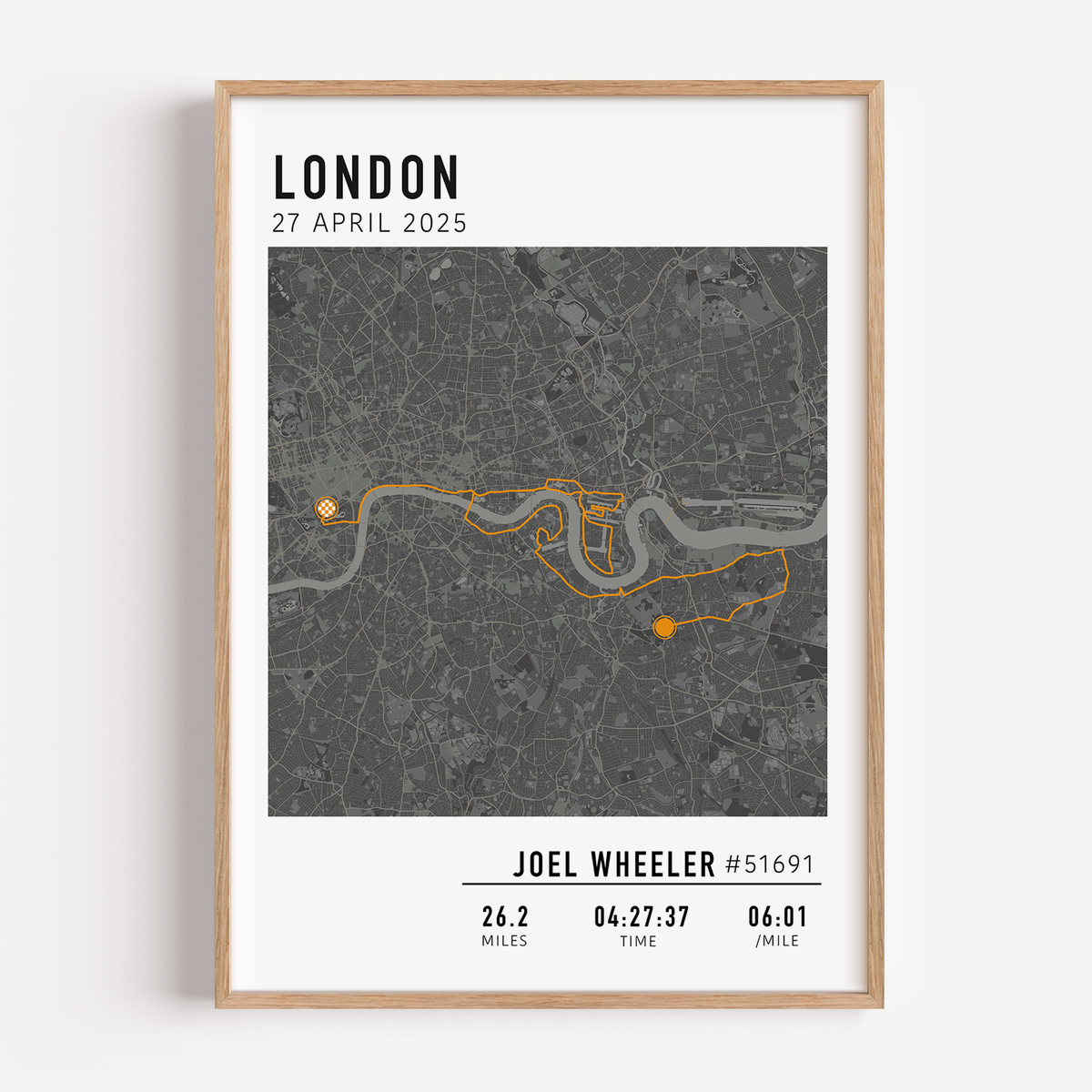 Custom marathon map poster displaying a personalized race route, created from GPX data. Perfect keepsake or marathon route gift for runners celebrating their achievements and special race moments.