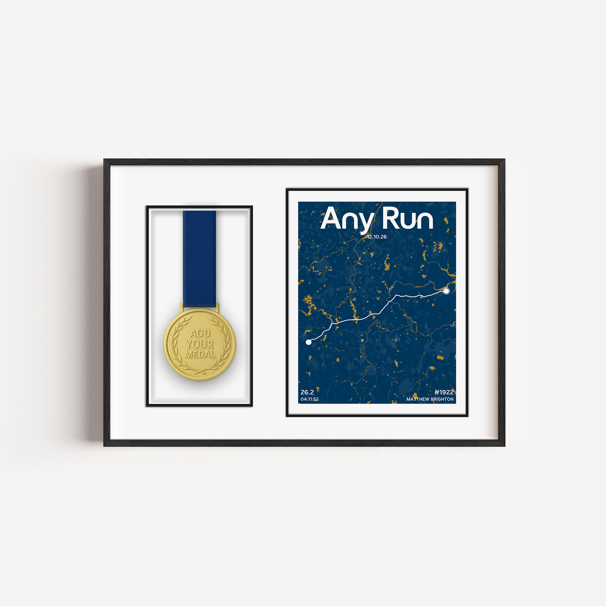 Any Marathon or Medal Display Frame showcasing poster and medal custom to the athlete.