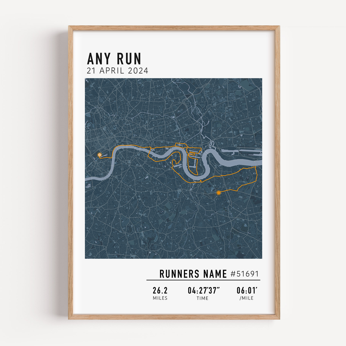 Custom any run map poster displaying a personalized race route, created from GPX data. Any marathon print. Perfect keepsake or marathon route gift for runners.