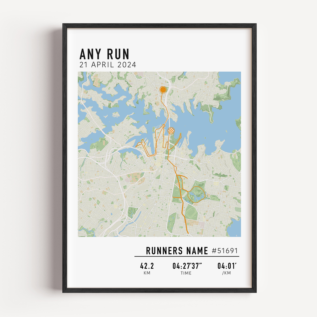 Custom any run map poster displaying a personalized race route, created from GPX data. Any marathon print. Perfect keepsake or marathon route gift for runners.