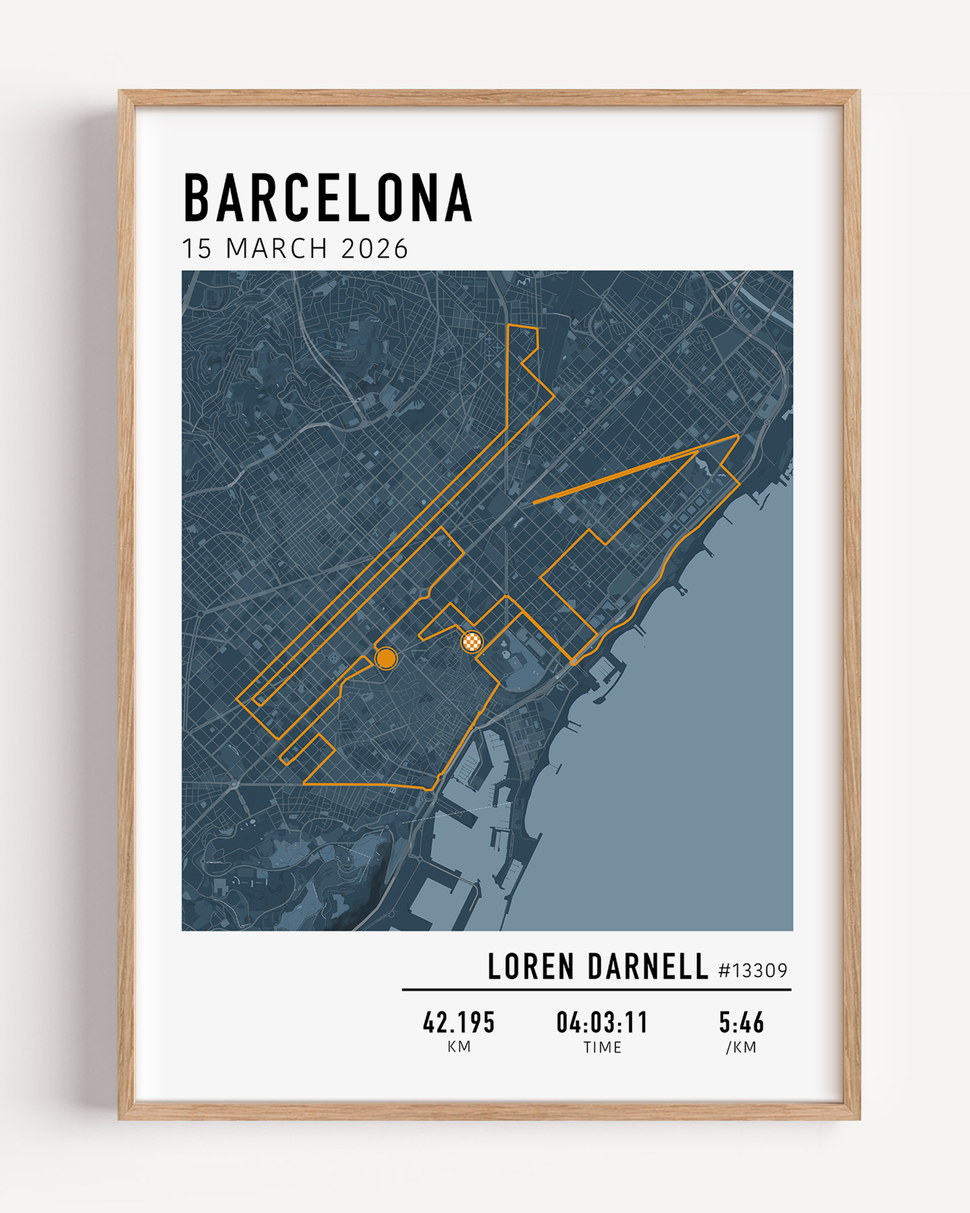 Framed poster of a map for the Barcelona Marathon with personal details.
