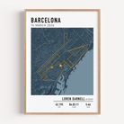 Framed poster of a map for the Barcelona Marathon with personal details.